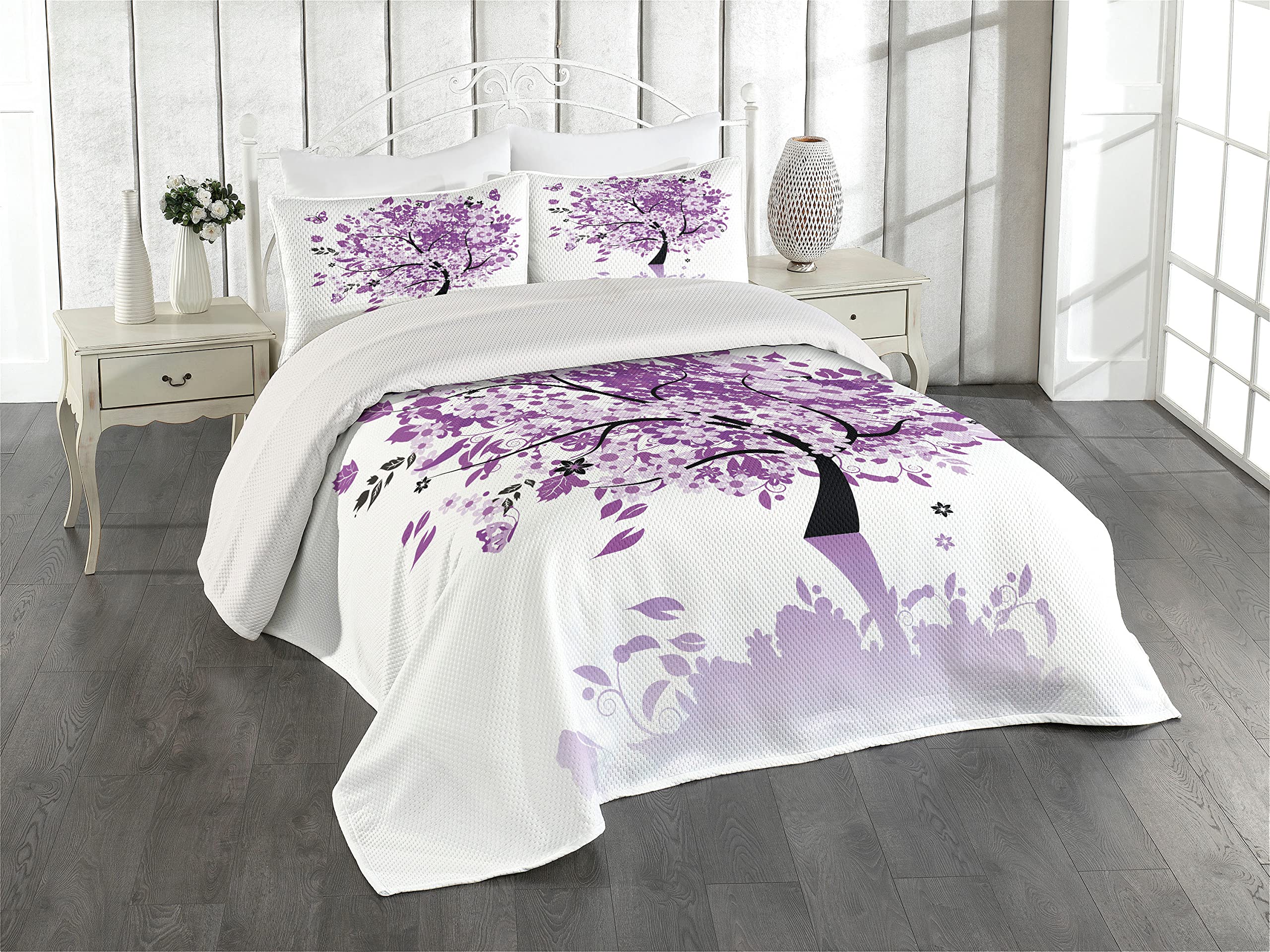 Ambesonne Nature King Size 3-Piece Quilted Bedspread Set - Spring Tree of Life Design with Blooming Flowers & Butterflies in Lilac Purple | Includes Coverlet & 2 Pillow Shams | Perfect for Master Bedroom, Guest Room Decor & Romantic Bedroom Themes