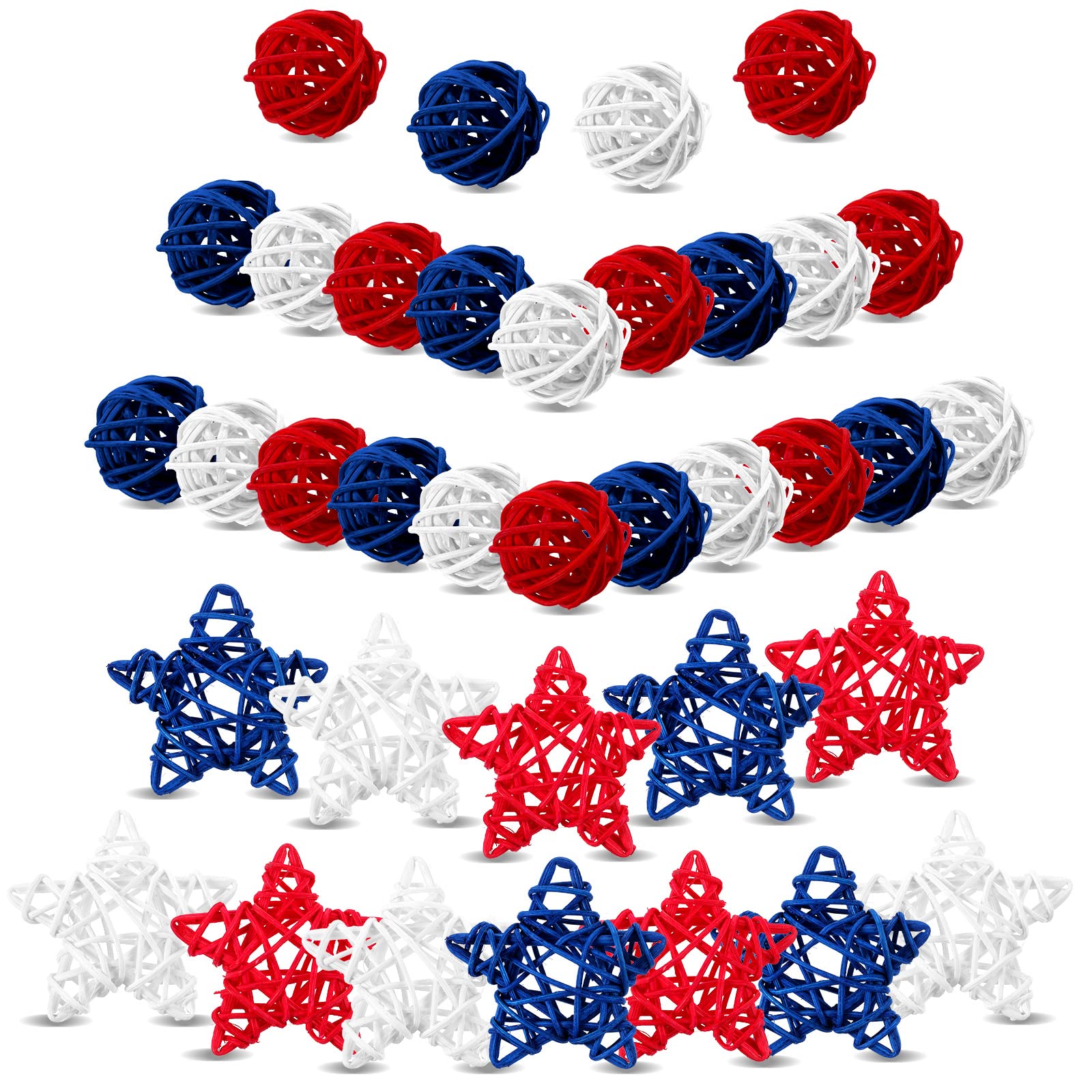 Yulejo 36-Piece Patriotic Vase Filler Set - 4th of July & Memorial Day Decorations, Natural Rattan Decorative Balls for Bowls (Round & Star Shapes) - Perfect for Independence Day Parties, Home Decor, and Patriotic Celebrations