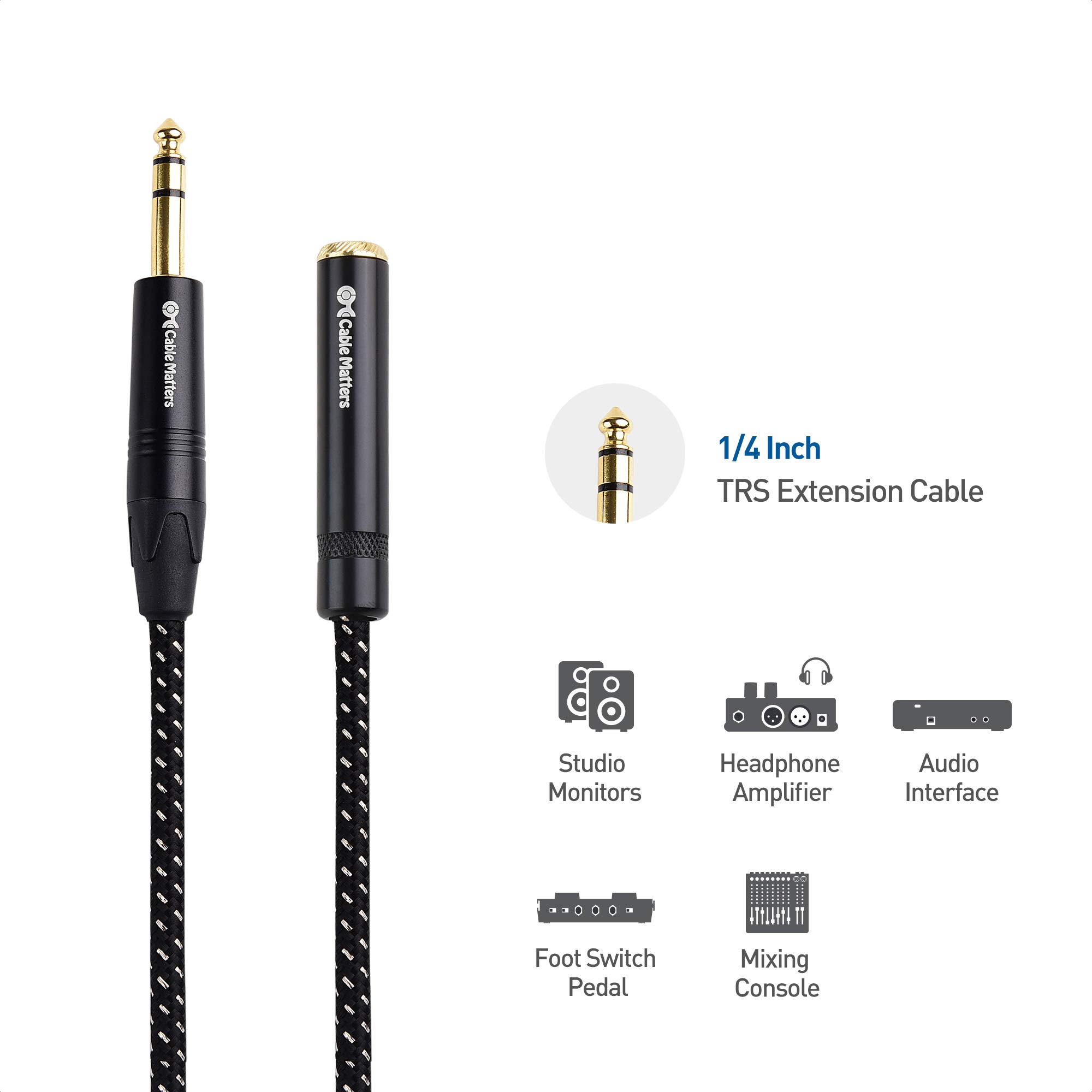 Cable Matters 25 ft Braided 1/4 Inch TRS Extension Cable - Male to Female Audio Cable for Studio, Guitar, Keyboard & Professional Audio Equipment