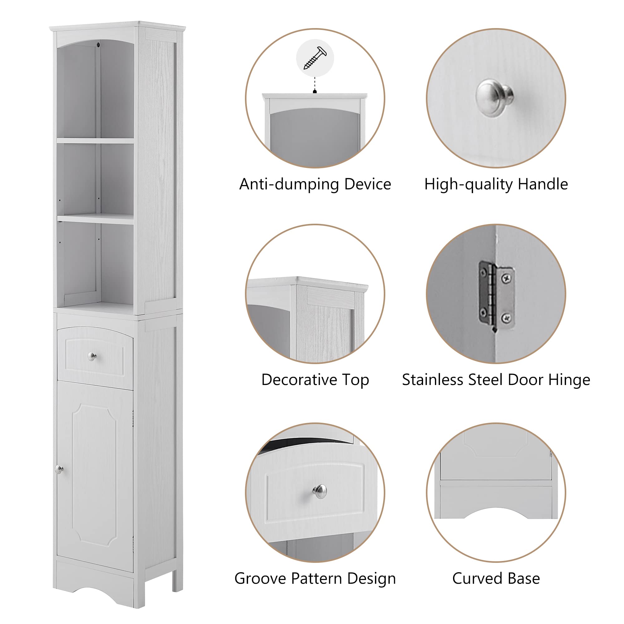 Tall Bathroom Storage Cabinet with Doors, Drawer & Shelves - Narrow Slim Floor Standing Linen Tower Organizer for Towels, Toiletries & Cleaning Supplies - White (Perfect for Small Bathrooms & Laundry Rooms)