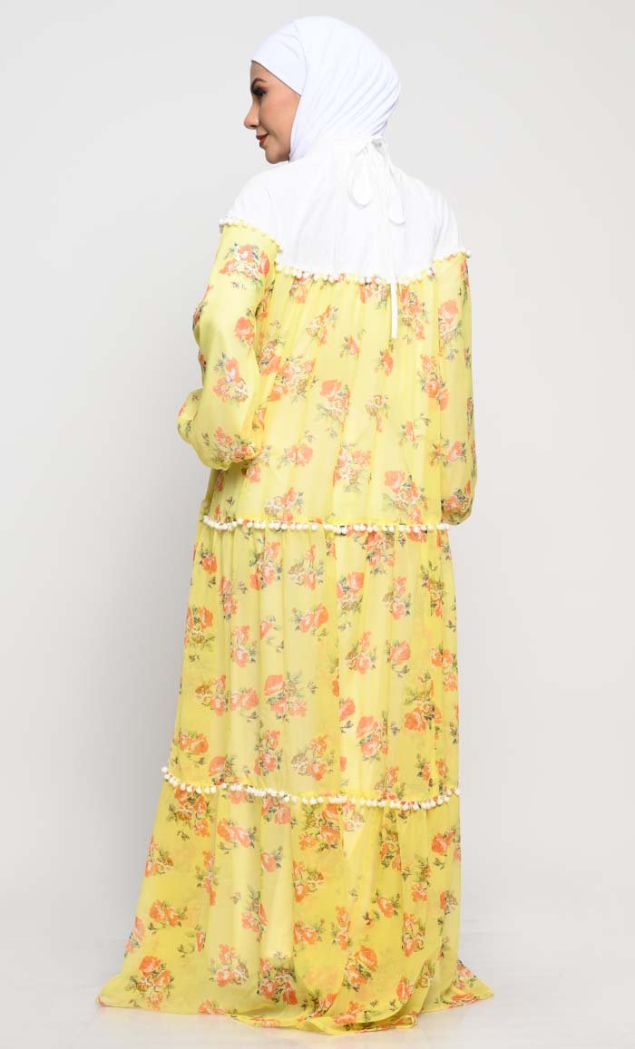 Elegant Chiffon Printed Abaya with Bishop Sleeves & Pom Pom Lace Detailing - Modest Muslim Dress for Women, Perfect for Prayer, Eid, Weddings & Special Occasions