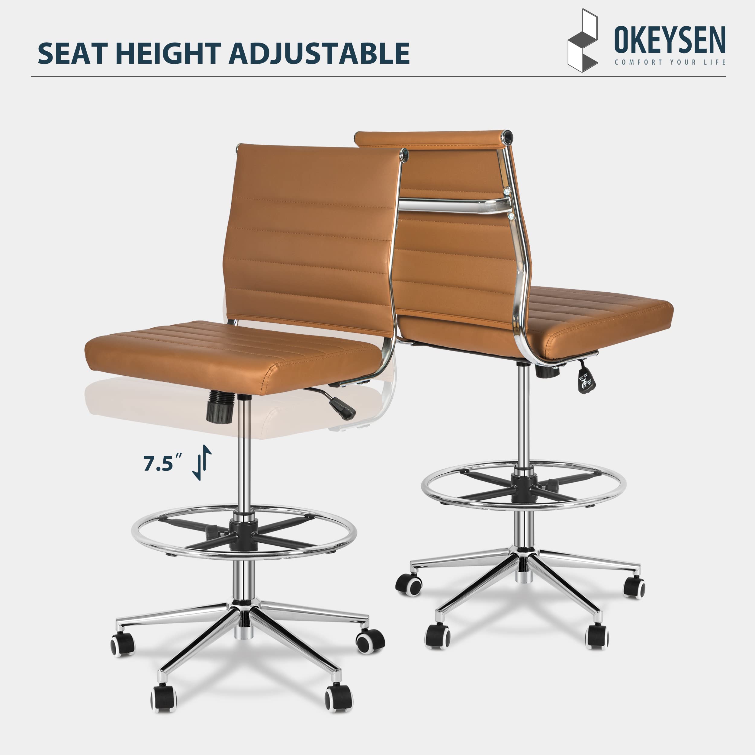 Okeysen Armless Drafting Chair - Adjustable Height PU Leather Office Stool with Mid Back Support, Footrest & Swivel Base for Standing Desks - Perfect for Home Office, Studio & Drafting Work