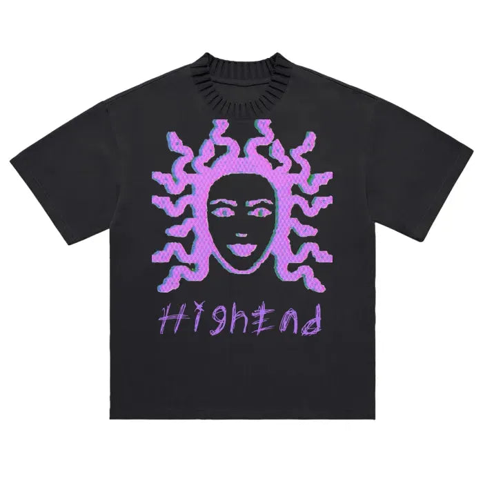 Premium Medusa Print Heavyweight Knitted Round Neck T-Shirt - 305 GSM Cotton Tee for Men | Streetwear Fashion, Casual Outfits & Gothic Style Clothing
