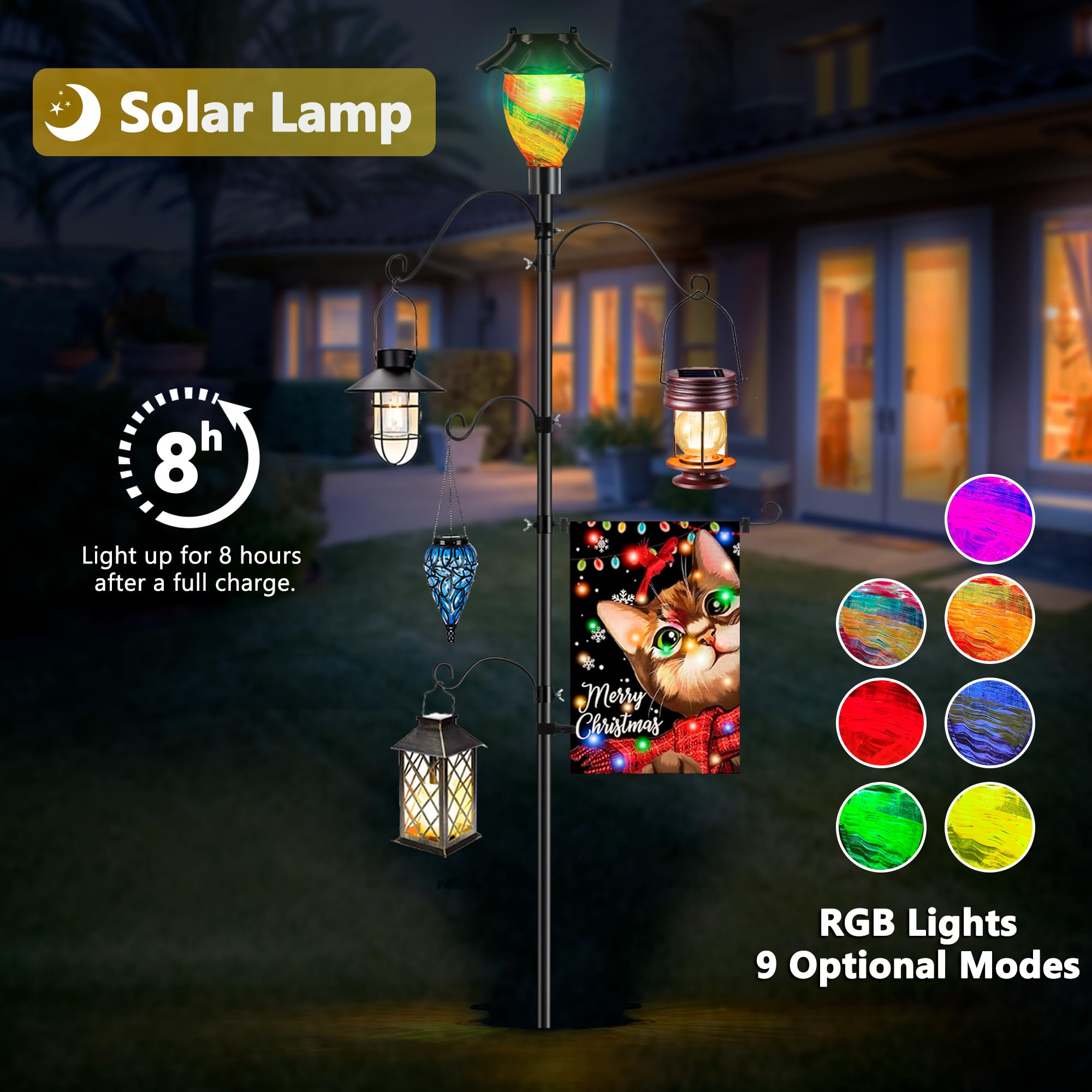 LUJII Solar Shepherd Hooks for Outdoor Garden - Adjustable Bird Feeder Pole with 4 Hangers & Flag Holder - Perfect for Hummingbird Feeders, Wind Chimes, Plant Baskets & Lanterns - Ideal for Patio, Yard & Backyard Decor (Includes Decorative Ribbon)