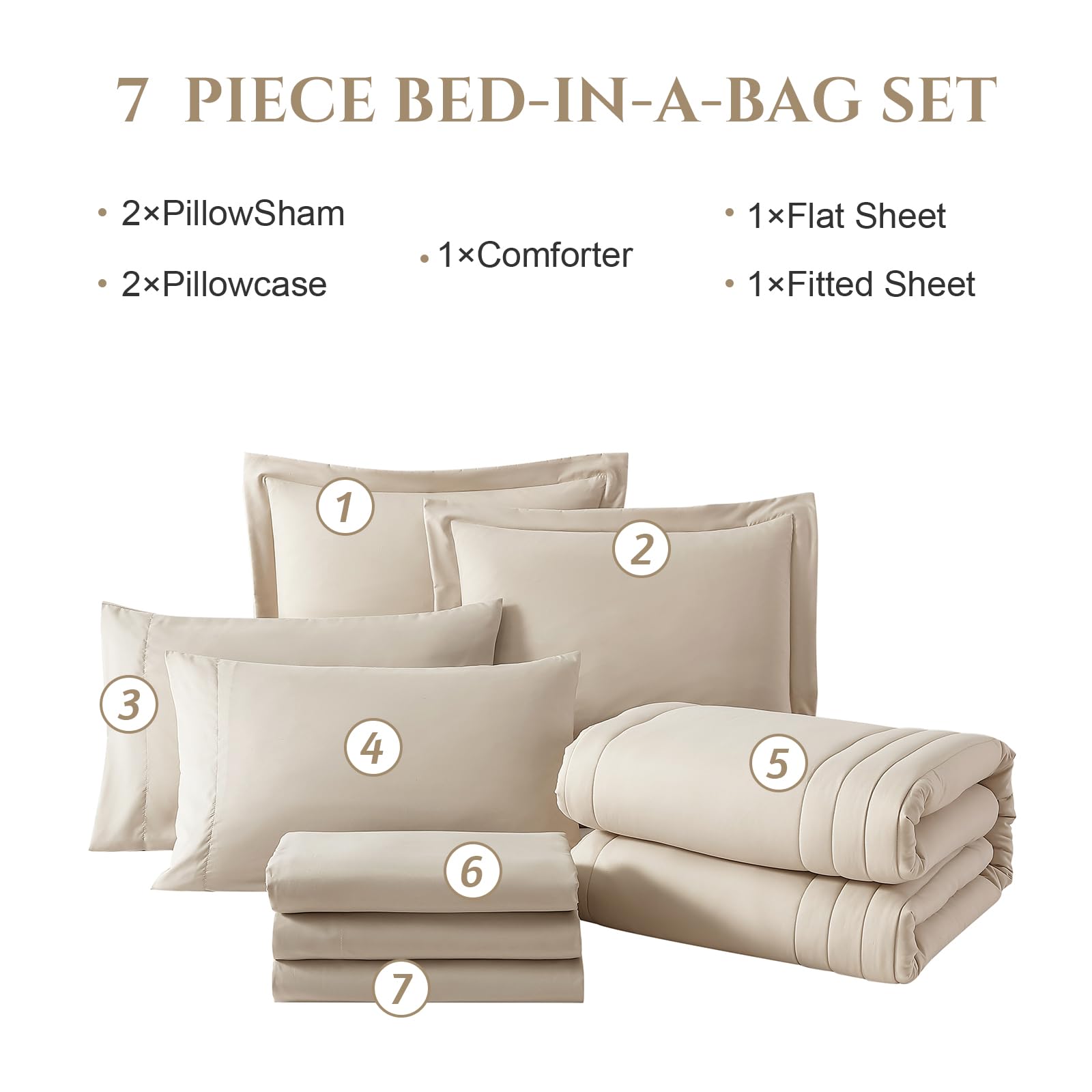 Monbix 7-Piece Full Comforter Set - Apricot Beige All Seasons Down Alternative Bedding | Includes Comforter, Sheets, Pillowcases & Shams | Perfect for Master Bedroom, Guest Room & Dorm Decor