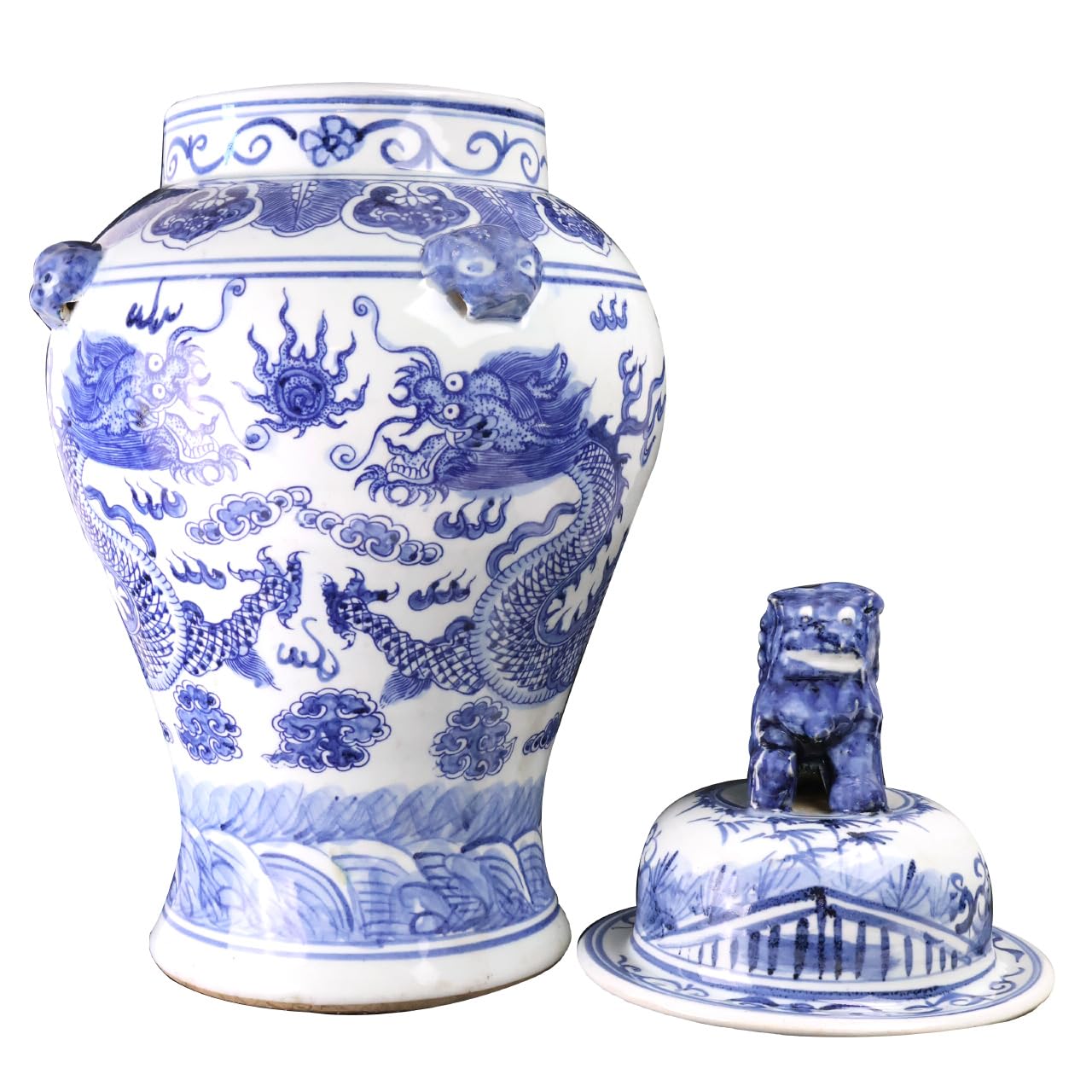 Hand-Painted Blue and White Chinese Porcelain Dragon Temple Jar - 24 Inch Tall Jingdezhen Ceramic Vase for Home Decor, Asian-Inspired Living Room Centerpiece & Luxury Gift