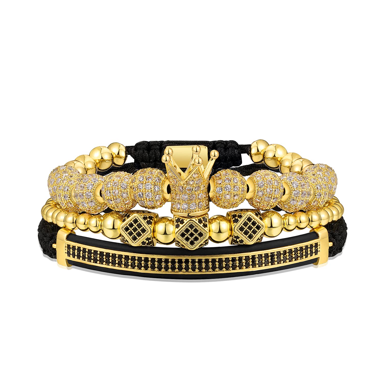 WFYOU Imperial Crown Bracelet for Men - 18kt Gold Plated Cubic Zirconia Beaded Cross Charm Bracelet - Luxury Gift for Him - Perfect for Weddings, Parties & Formal Occasions