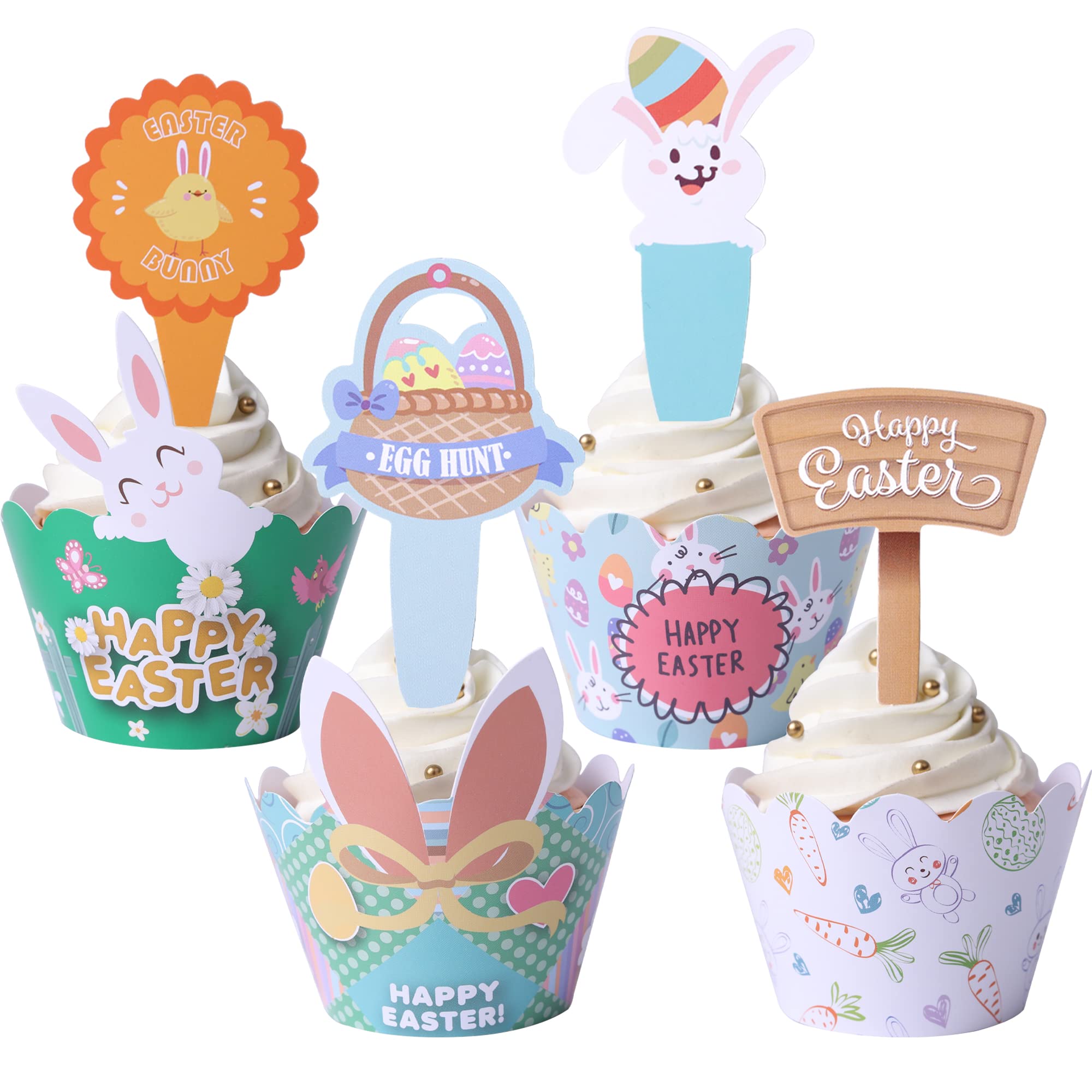 48 PCS Easter Cupcake Toppers & Wrappers - Bunny Ear Rabbit Egg Hunt Decorations for Easter Party, Baby Shower, Kids Birthday - Cake Decorating Supplies for Holiday Baking & Festive Celebrations