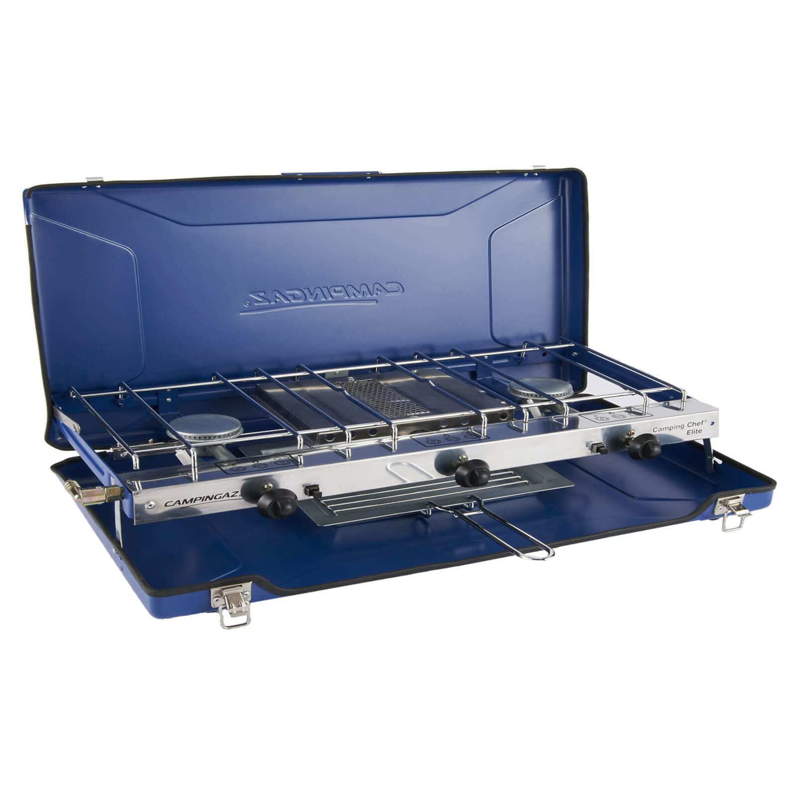 Campingaz Chef Folding Double Burner Stove and Grill - Portable Compact Gas Cooker for Camping, Hiking, Picnics & Outdoor Adventures | Blue Outdoor Cooking Equipment for BBQs, Tailgating & Festivals