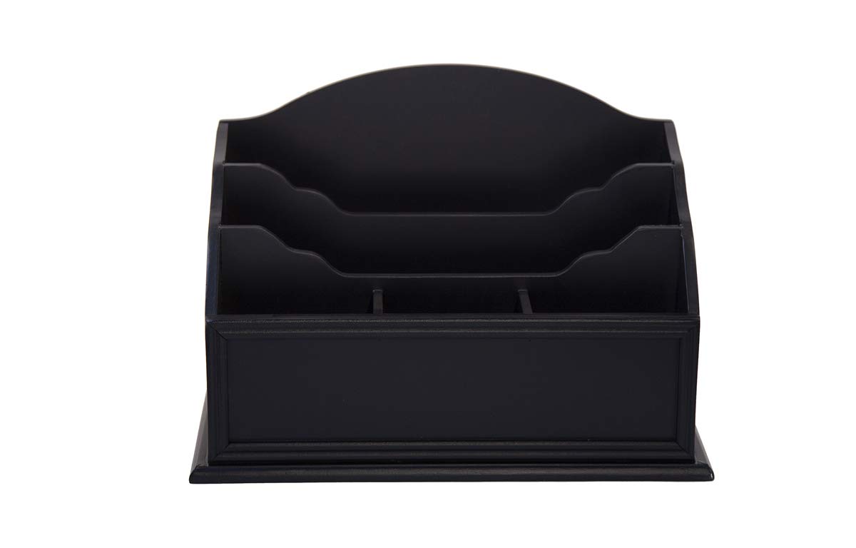 Premium Black Wooden Desktop Letter Holder - 5-Slot Mail & Stationery Organizer - High Quality Wooden Desk Organizer for Pens, Pencils, Bills - Perfect for Home Office, School & Workspace Organization