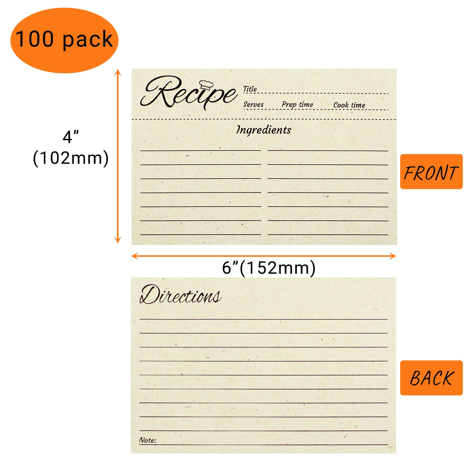 100 Pack 4x6 Inch Double Sided Recipe Cards - Vintage Style Kitchen Cooking Cards for Recipe Organization - Perfect for Wedding, Bridal Shower & Family Meal Planning