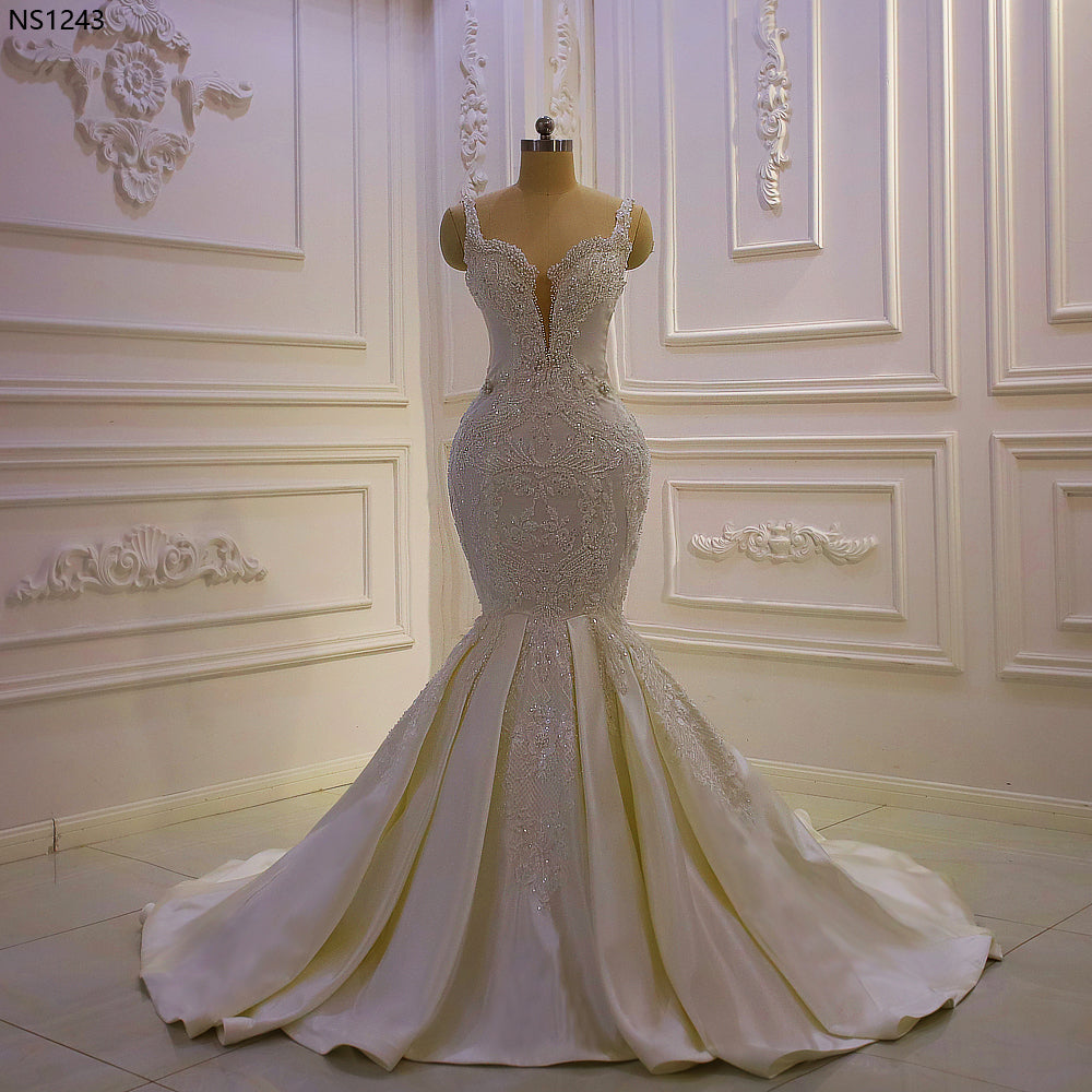 Custom Beaded Satin Mermaid Wedding Dress AM1243 - Elegant Bridal Gown for Beach, Church & Formal Weddings