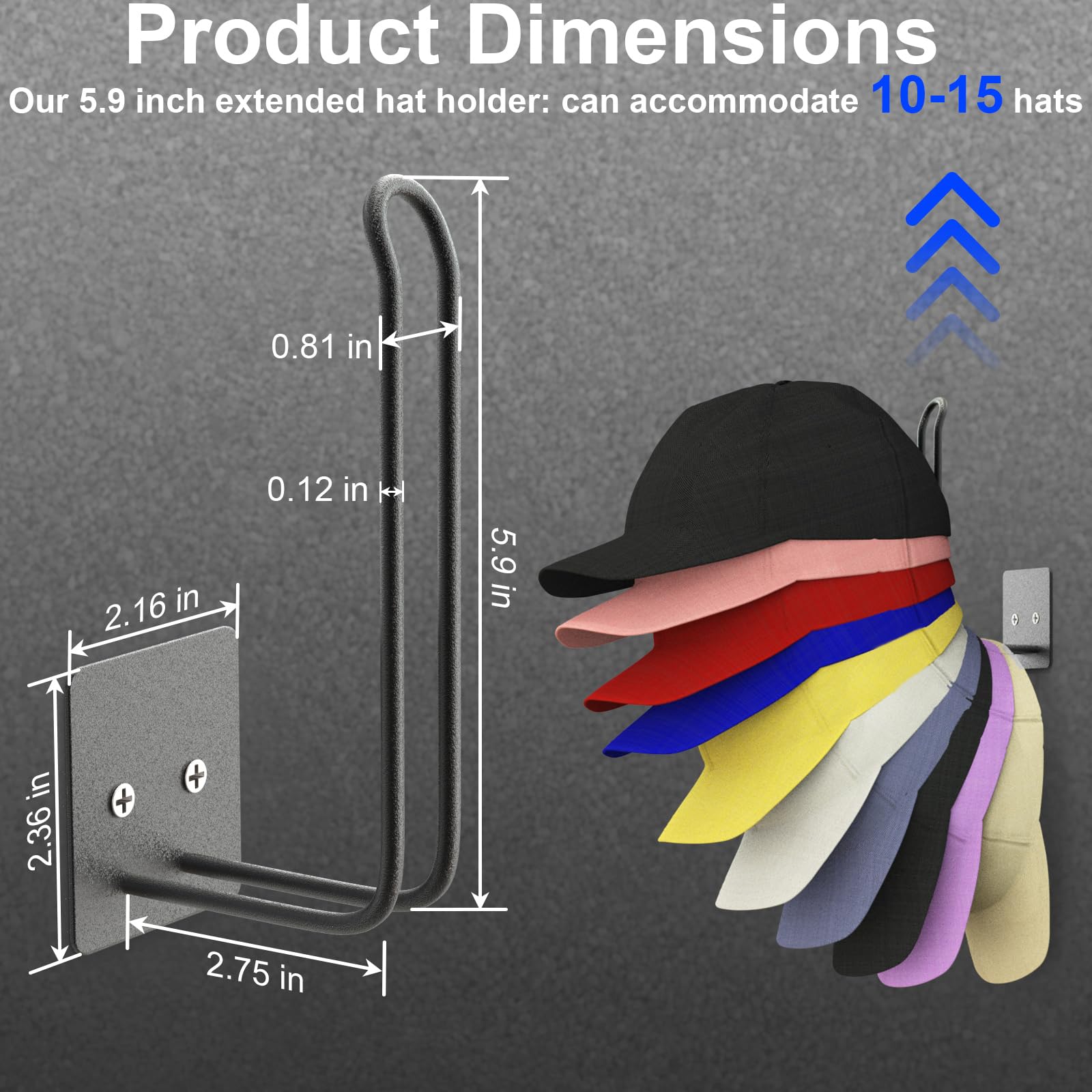 2 Pack Baseball Cap Hat Rack Organizer - Strong Adhesive & Wall Mountable Hat Holder for Door, Bedroom, Closet Storage - Perfect for Organizing Baseball Caps, Hats & Accessories (Black)