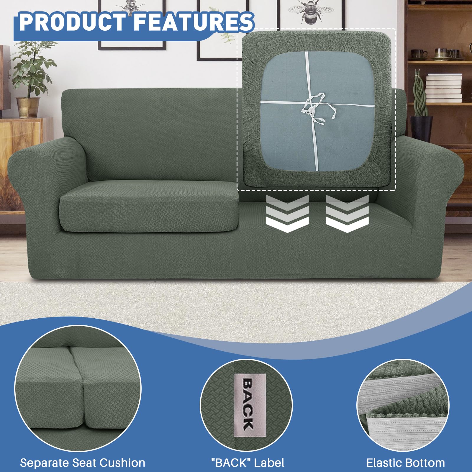 JIVINER 3-Piece Stretch Sofa Slipcover Set for 2-Cushion Loveseat - Includes 2 Extra Large Seat Covers, Thick Fitted Couch Cover in Army Green - Perfect for Living Room, Apartment & Home Decor Protection