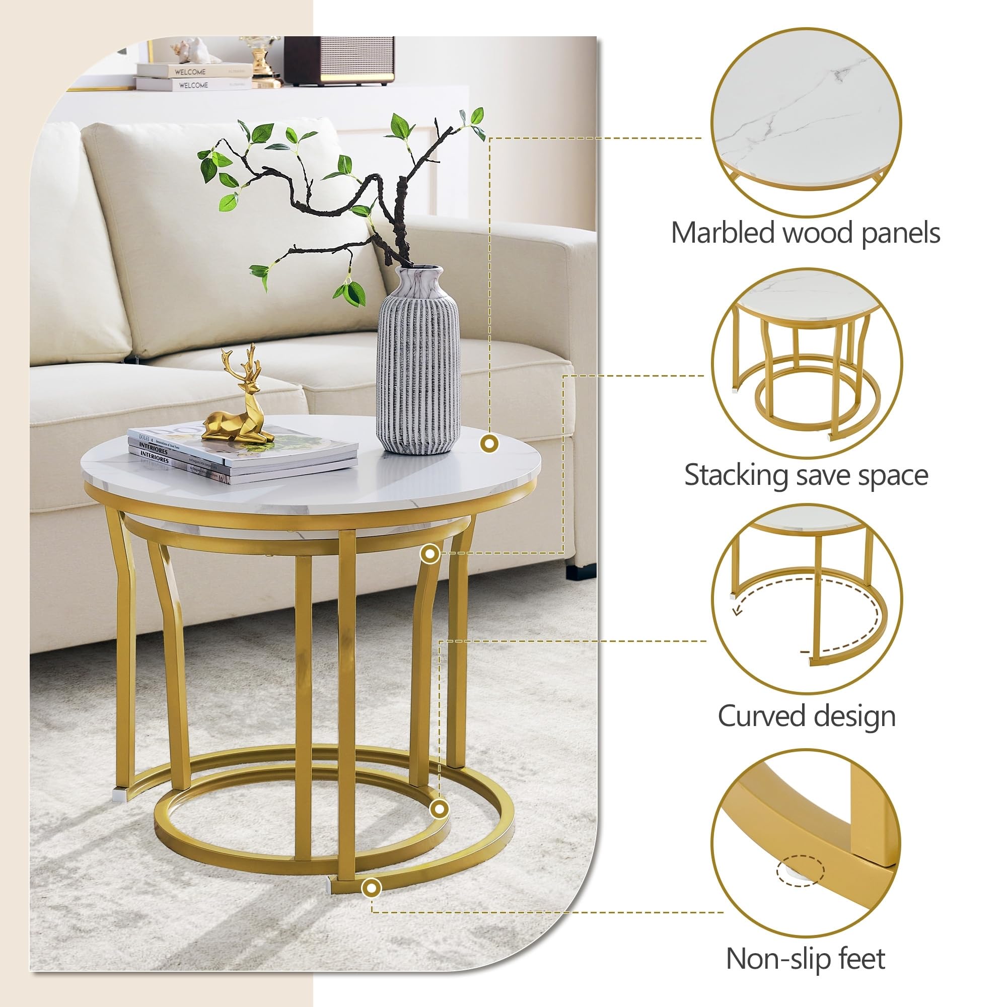 Hoctieon Round Nesting Coffee Tables Set of 2 - Wooden Table Top with Gold & White Finish - Modern Stacking End Tables for Living Room, Bedroom or Office - Perfect for Small Spaces and Stylish Home Decor