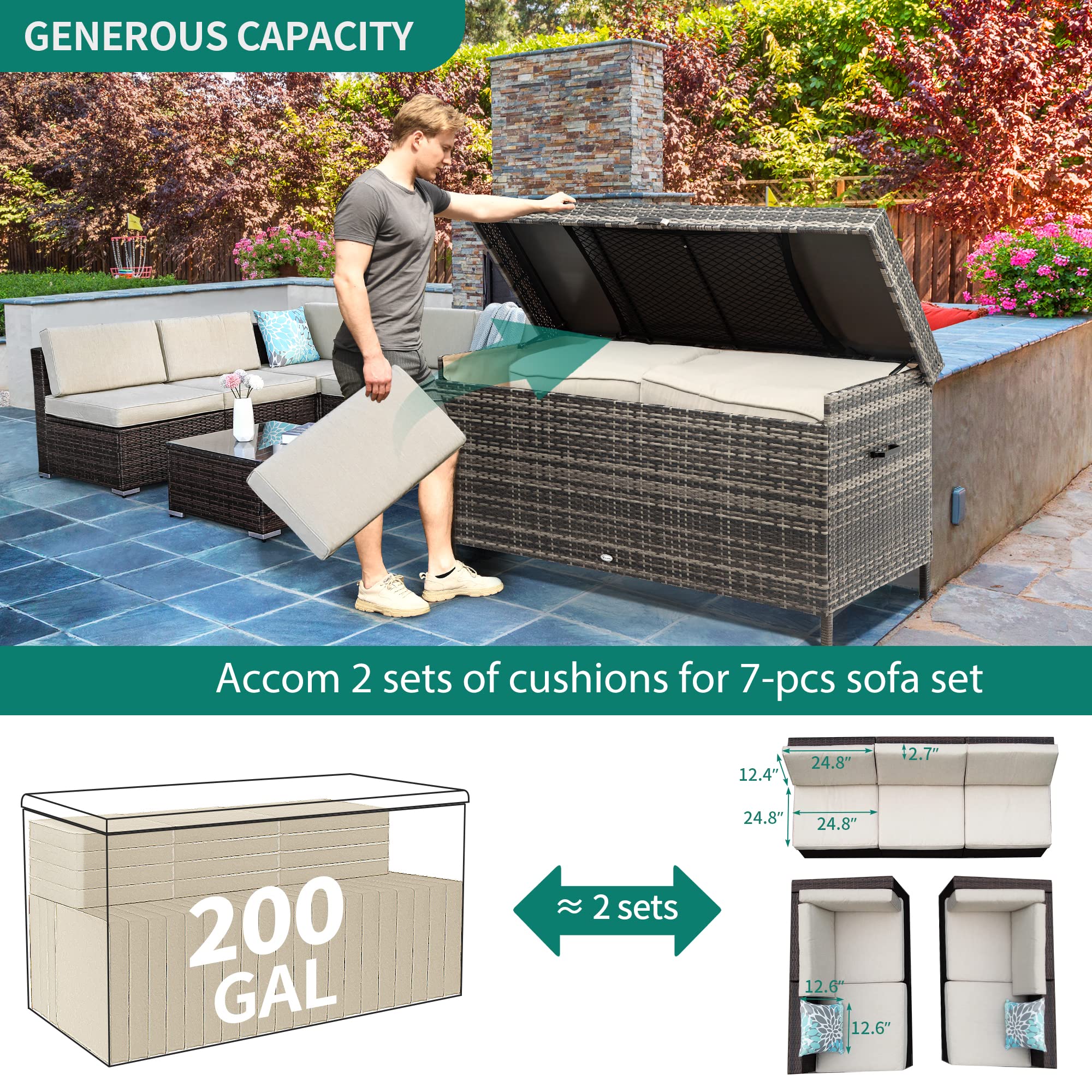 YITAHOME 200 Gallon Large Wicker Deck Box with Storage Net - XL Rattan Outdoor Storage Container for Patio Cushions, Garden Tools & Pool Equipment - Waterproof Furniture Cover for Backyard, Deck & Poolside (Grey)