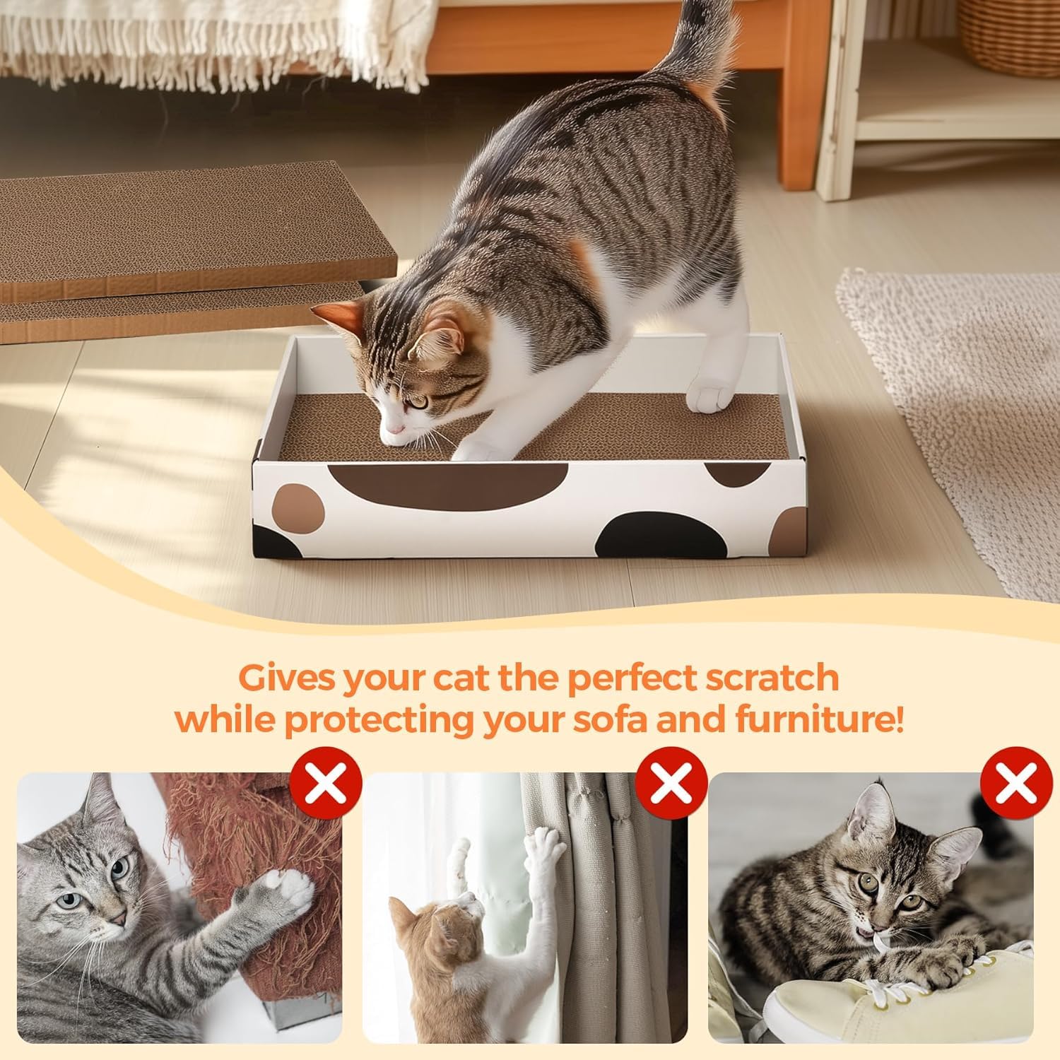 ComSaf 3-Pack Reversible Cat Scratching Board Mat - Durable Cardboard Scratcher Bed for Indoor Cats (43x26x8cm) - Perfect for Claw Trimming, Playtime & Nap Time - Great for Living Rooms, Bedrooms & Cat Play Areas