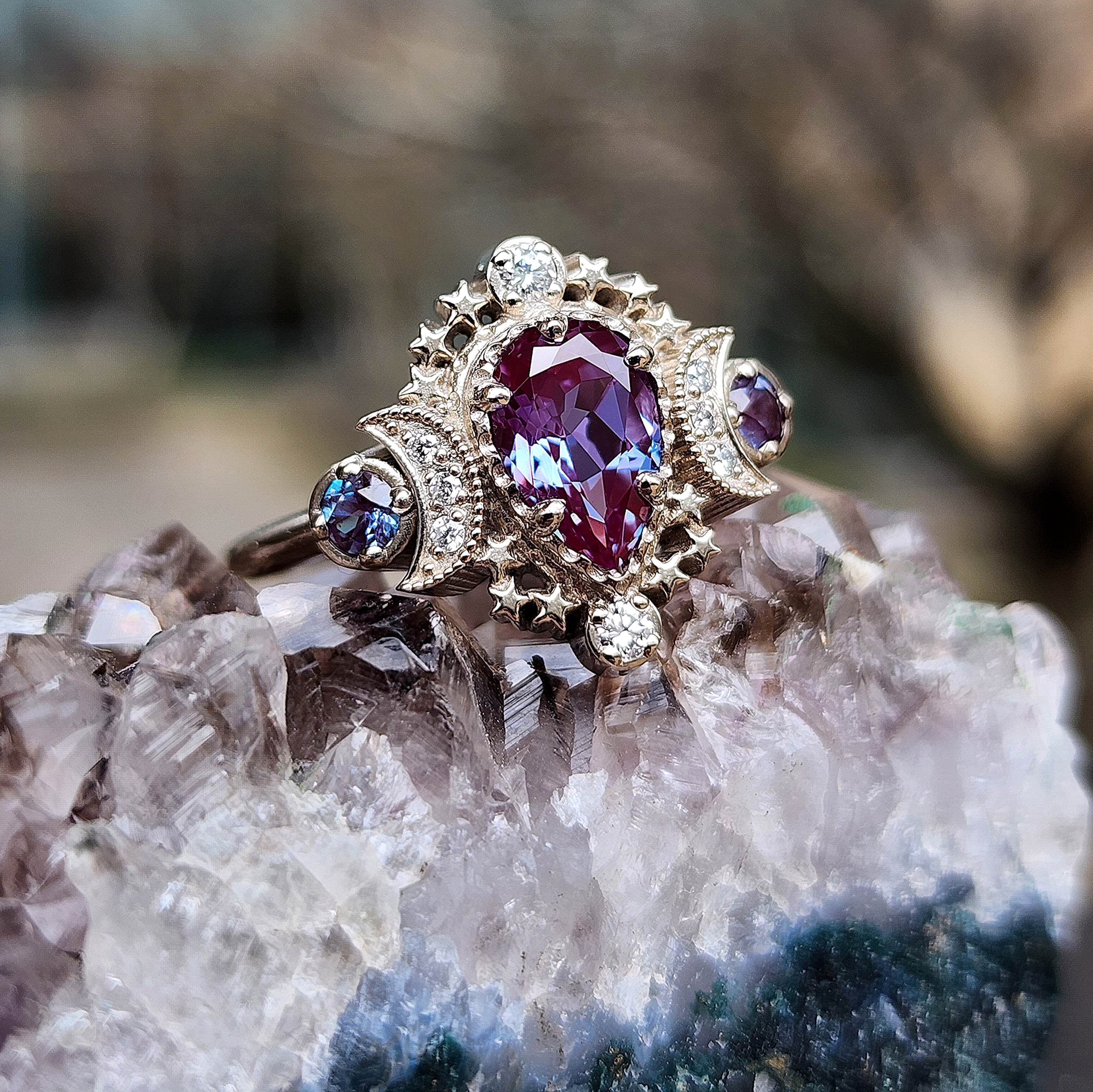 Pear Cosmos Moon Ring with Colored Gem Sides - Customizable Ring Setting for DIY Jewelry Making | Perfect for Engagement, Wedding, Anniversary & Everyday Wear