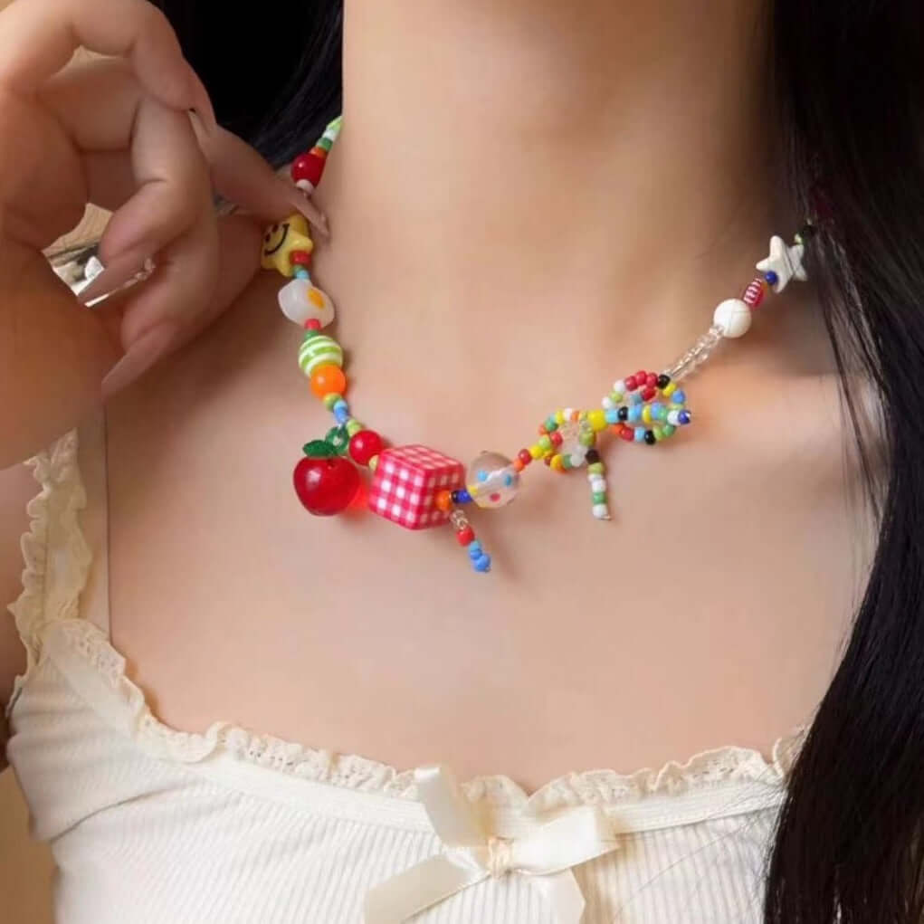Vibrant 90s Y2K Carnival Mushroom Beaded Choker Necklace | BZ195 | Perfect for Rave, Festival, and Retro Outfits