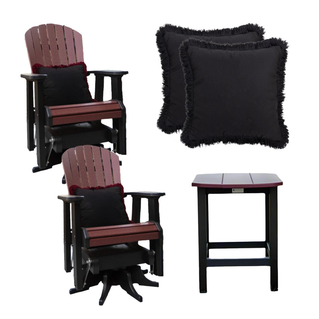 Fanback Swivel Gliders & Oval Side Table Set with 2 Fringe Pillows | Garnet & Black Collection | Patio, Garden & Outdoor Lounge Furniture for Relaxation