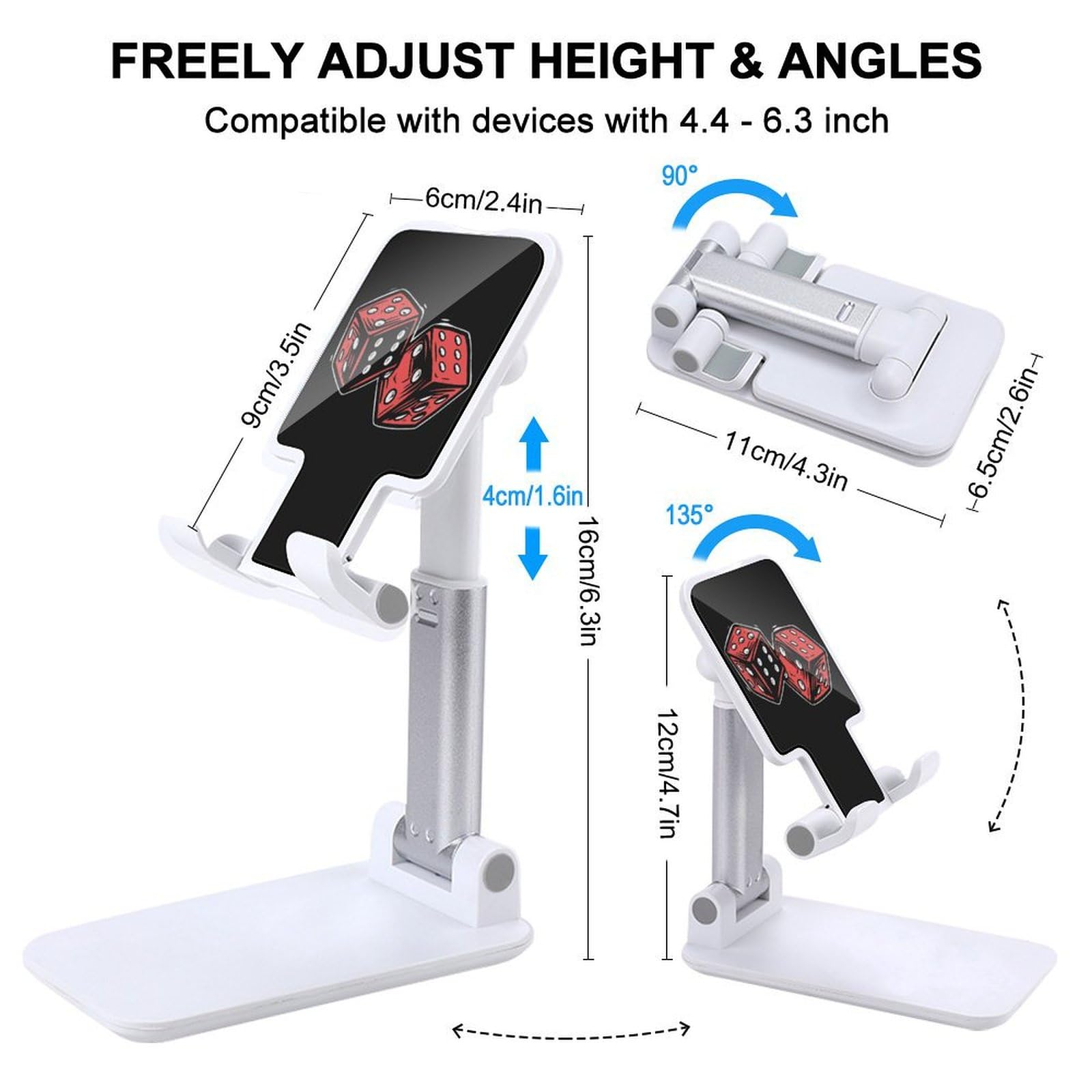 Red Dice Print Foldable Adjustable Cell Phone Stand - Portable Desk Holder for iPhone, Samsung, Galaxy - Perfect for Office, Gaming & Watching Videos