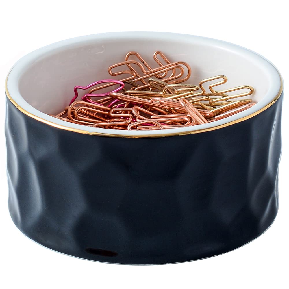 Ceramic Paper Clip Holder - Round Desk Organizer for Binder Clips with Gold Line Design, Office Supplies Accessories (Black) | Perfect for Office, Home, School & Workspace Organization