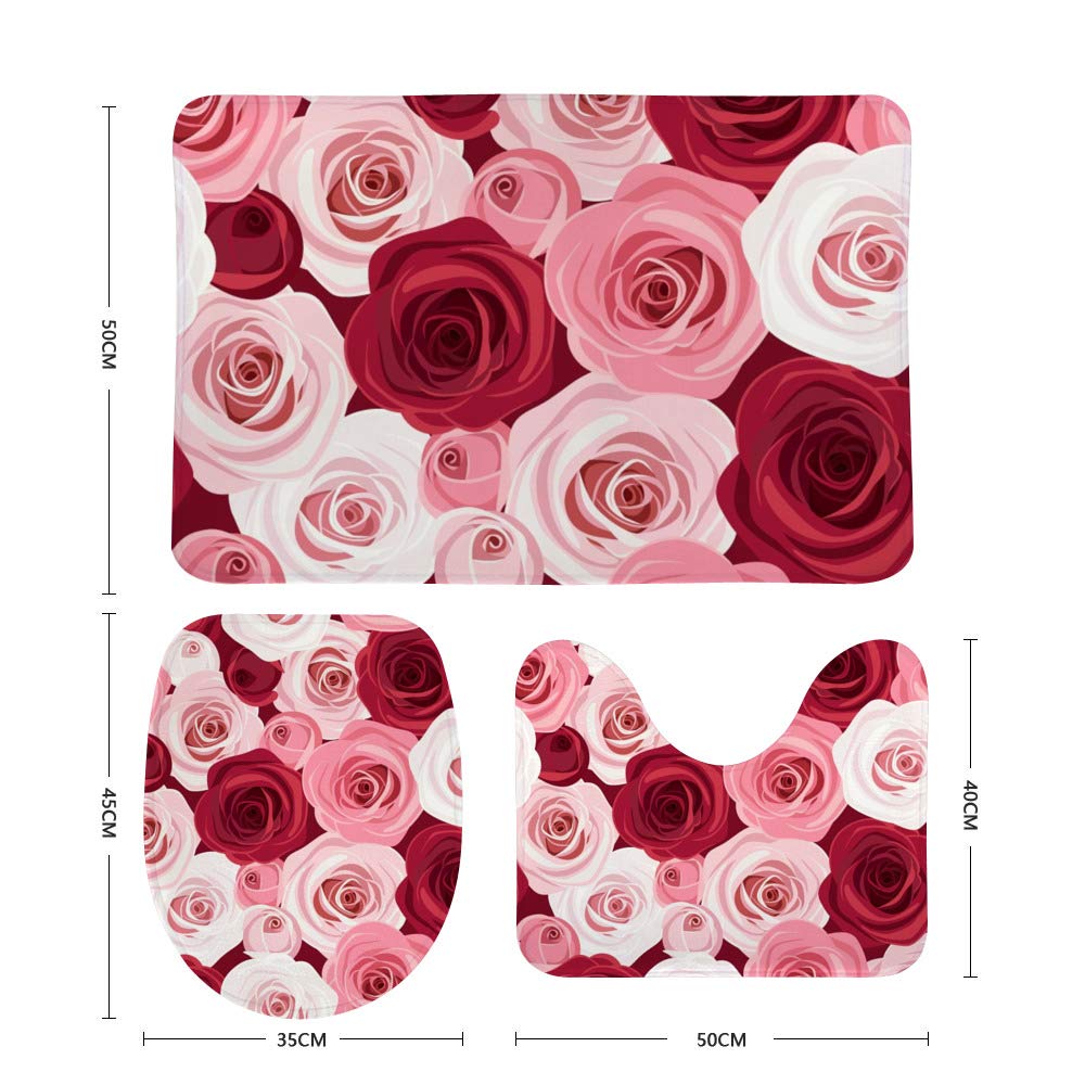 3-Piece Non-Slip Bathroom Rugs Set - Absorbent Shower Mat & Toilet Floor Carpet with Romantic Red Pink Roses Pattern, Soft Machine Washable Bath Mats for Bathroom Decor & Home Comfort