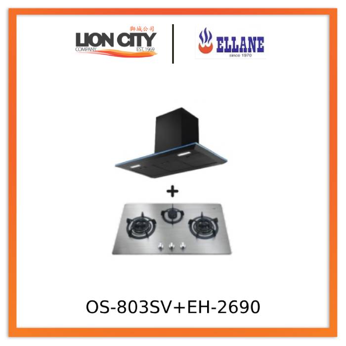 Ellane EH 2690 90cm Black Designer Chimney Range Hood with Ellane OS 803SV 86cm 3-Burner Stainless Steel Gas Cooktop - Modern Kitchen Ventilation & Cooking Solution for Home Chefs