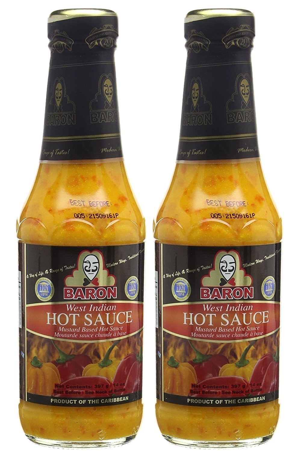 Baron West Indian Hot Sauce - 14 oz (2-Pack) | Authentic Caribbean Flavor | Perfect for Grilling, Tacos, Wings & Seafood