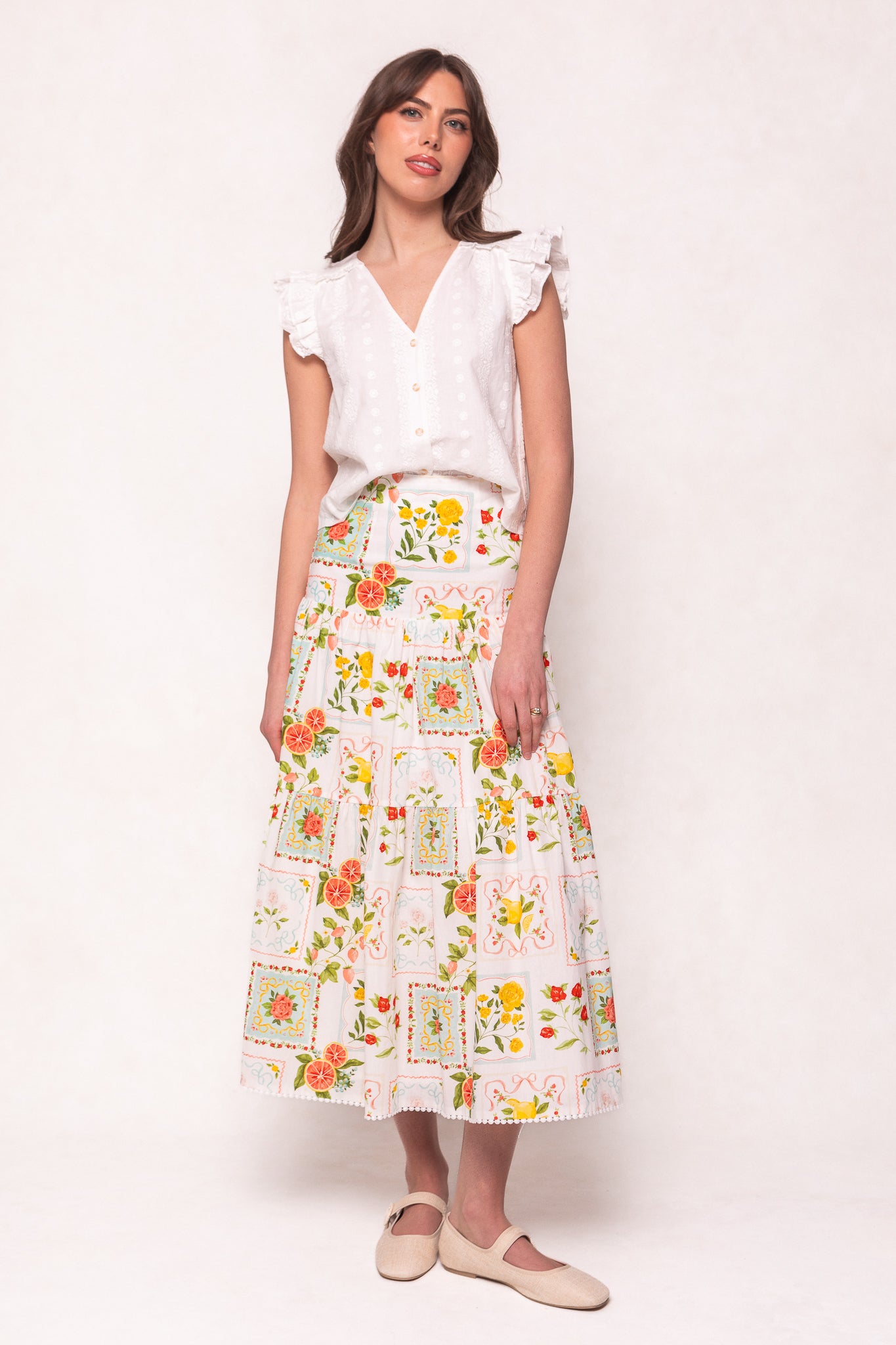 Rosina Skirt in Citrus - Floral Print Midi Skirt for Women, Summer A-Line Skirt with Pockets | Perfect for Beach Vacations, Brunch Dates & Casual Outings
