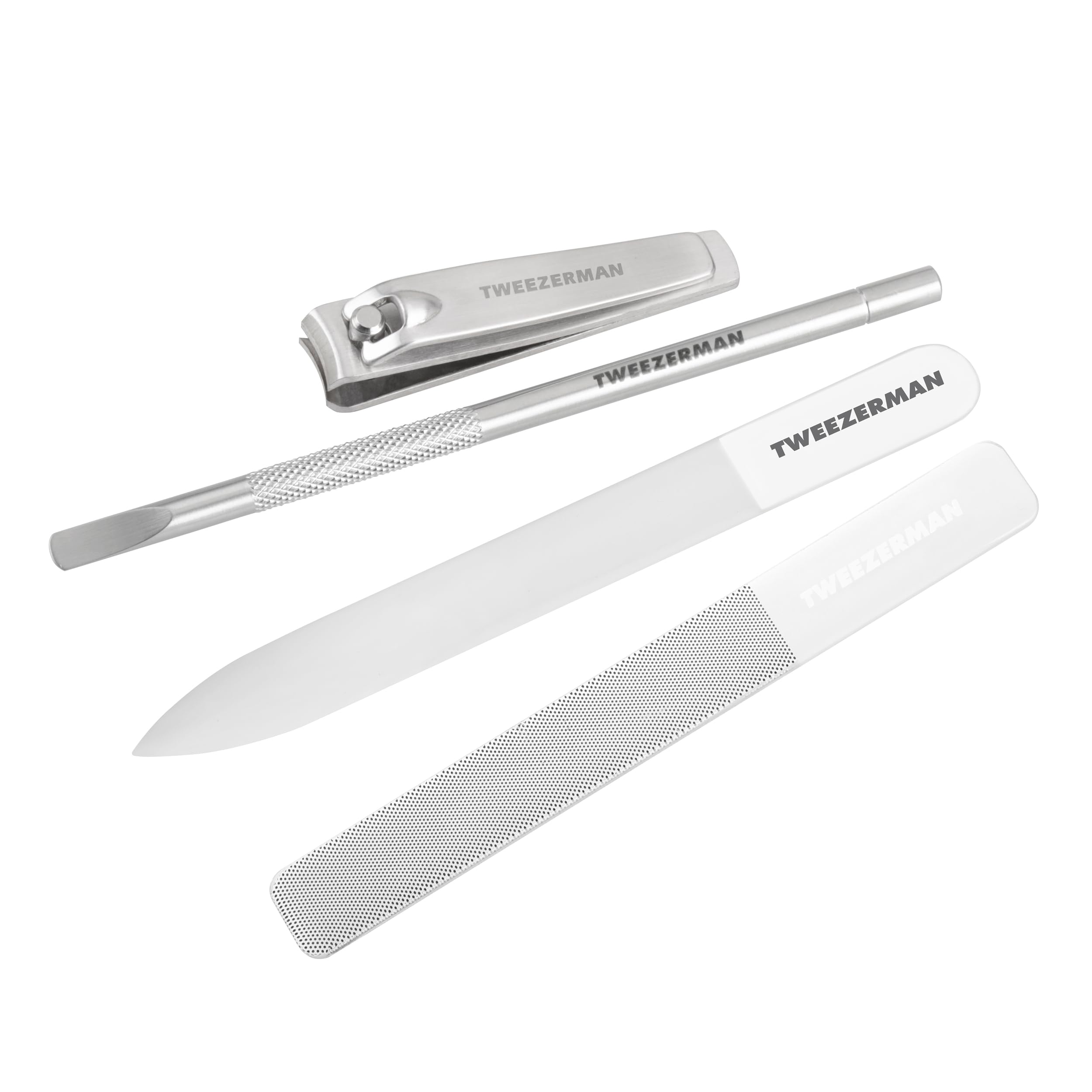 Tweezerman Premium Glass Manicure Set - Nail Clipper, Cuticle Pusher, Glass Nail File & Buffer | Professional Nail Care Kit for At-Home & Salon Use