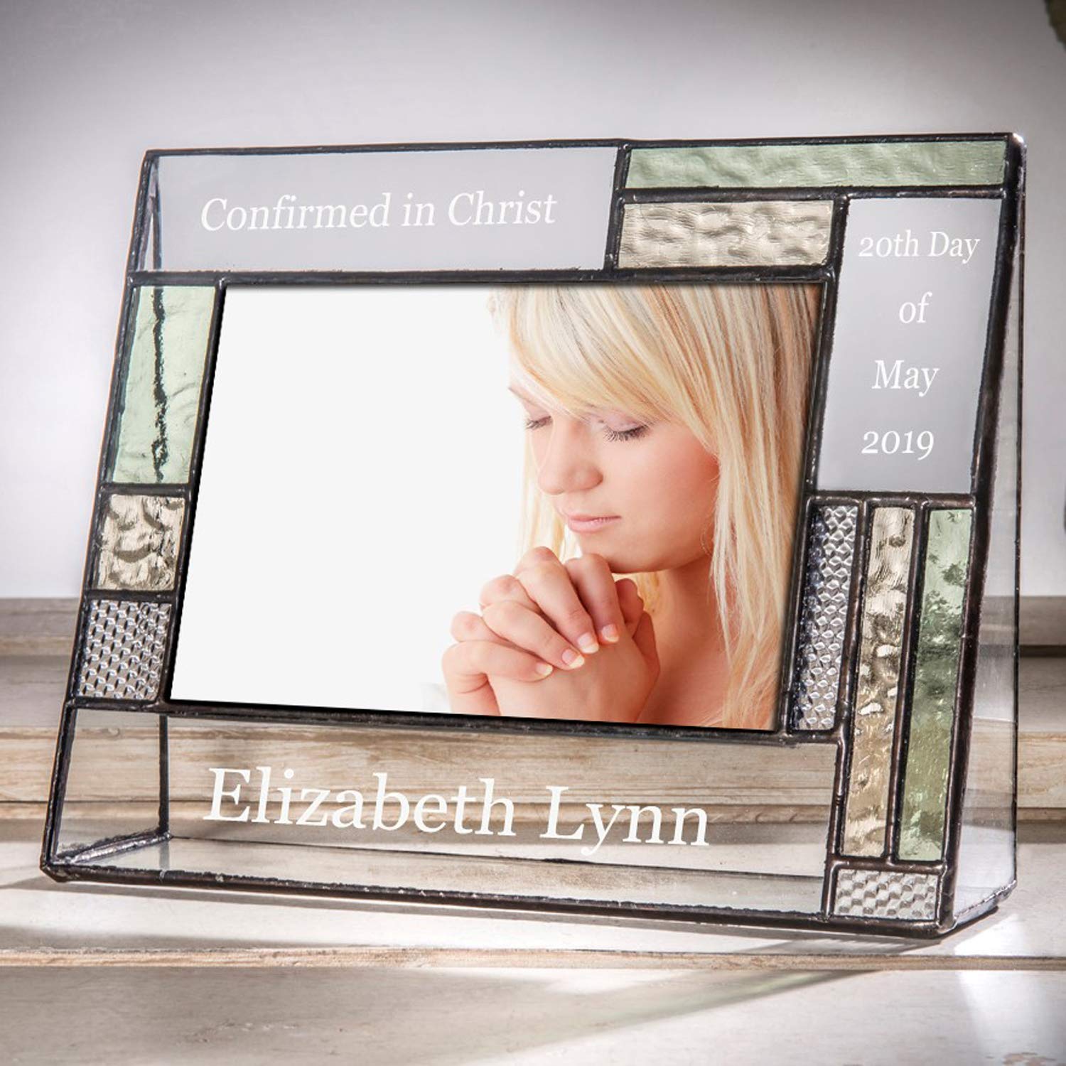 Personalized Confirmation Picture Frame - 4x6 Horizontal Stained Glass in Pale Green, Antique Yellow & Clear | Baptism, First Communion & Religious Gift | Perfect for Wall Display & Keepsake Memories