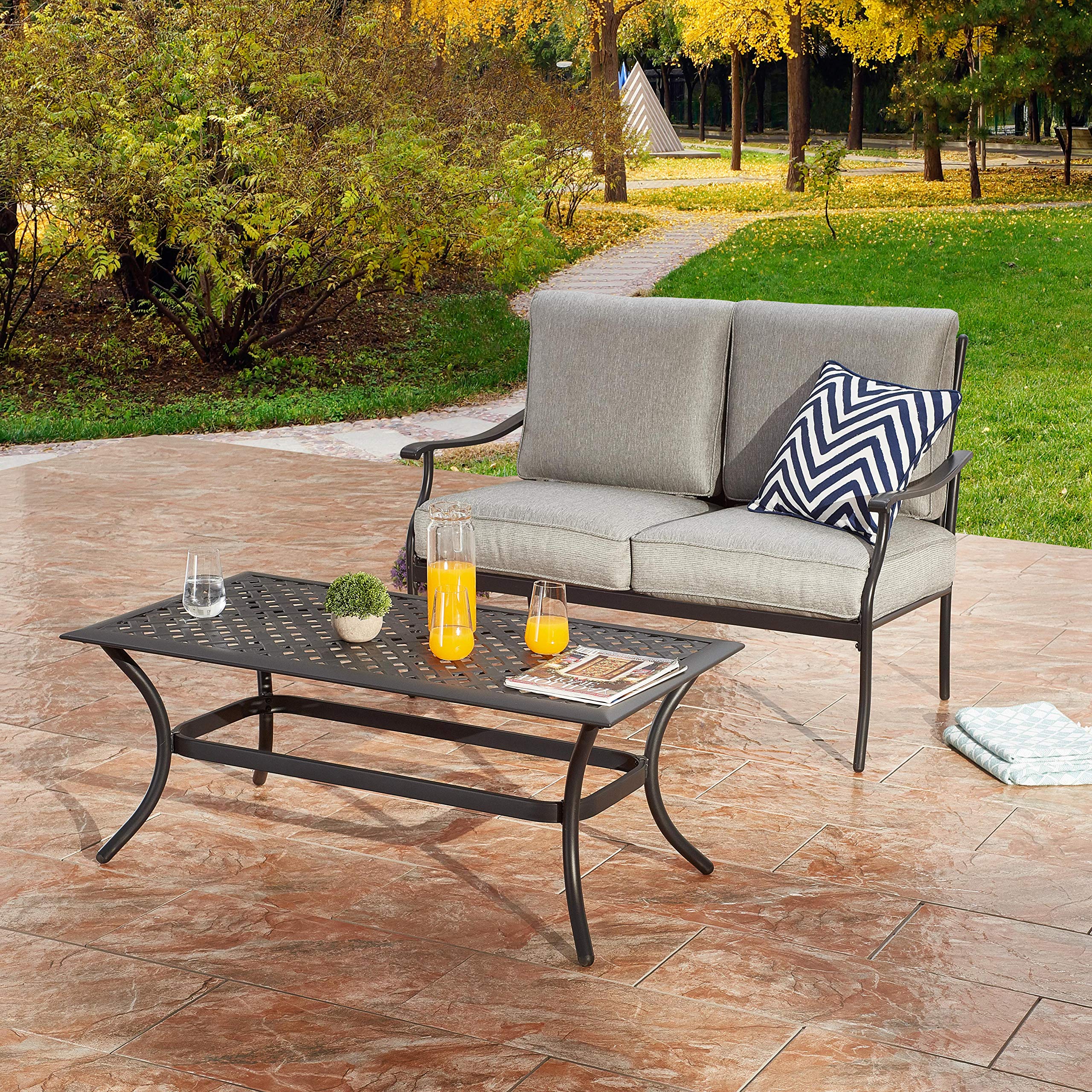 LOKATSE HOME 2-Piece Outdoor Loveseat Set - Patio Conversation Furniture with Cushions & Coffee Table - Metal Bistro Chair Bench for Garden, Backyard, Deck - Weather-Resistant Gray Set for Relaxing & Entertaining
