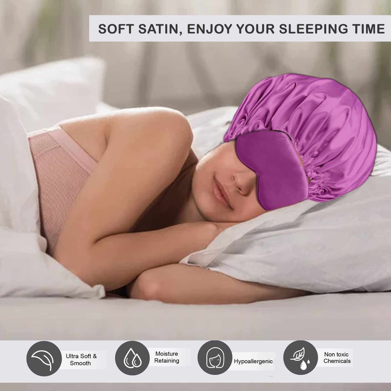 Avirons Reversible Satin Silk Hair Bonnet & Sleep Mask Set - 2-in-1 Blackout Eye Mask & Hair Protection Cap for Nighttime & Travel - Soft Silk Bonnet for Curly, Natural, Braided Hair & Deep Sleep