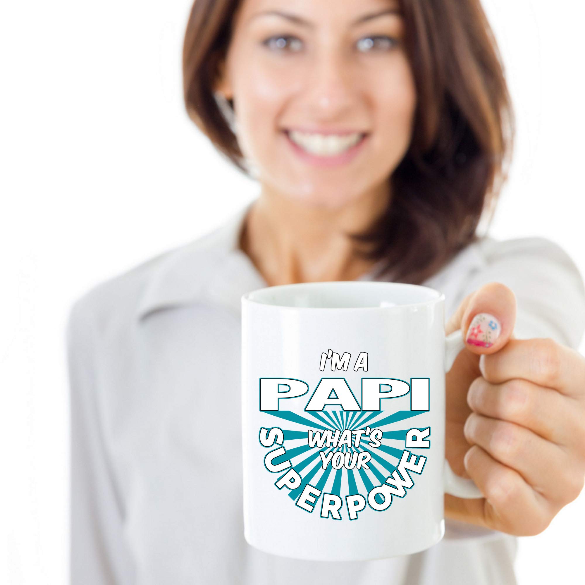 Papi Coffee Mug 11 oz - Funny 'I'm A Papi What's Your Superpower' Ceramic Coffee Cup Gift for Women & Men - White - Perfect for Office, Home Use & Gifts