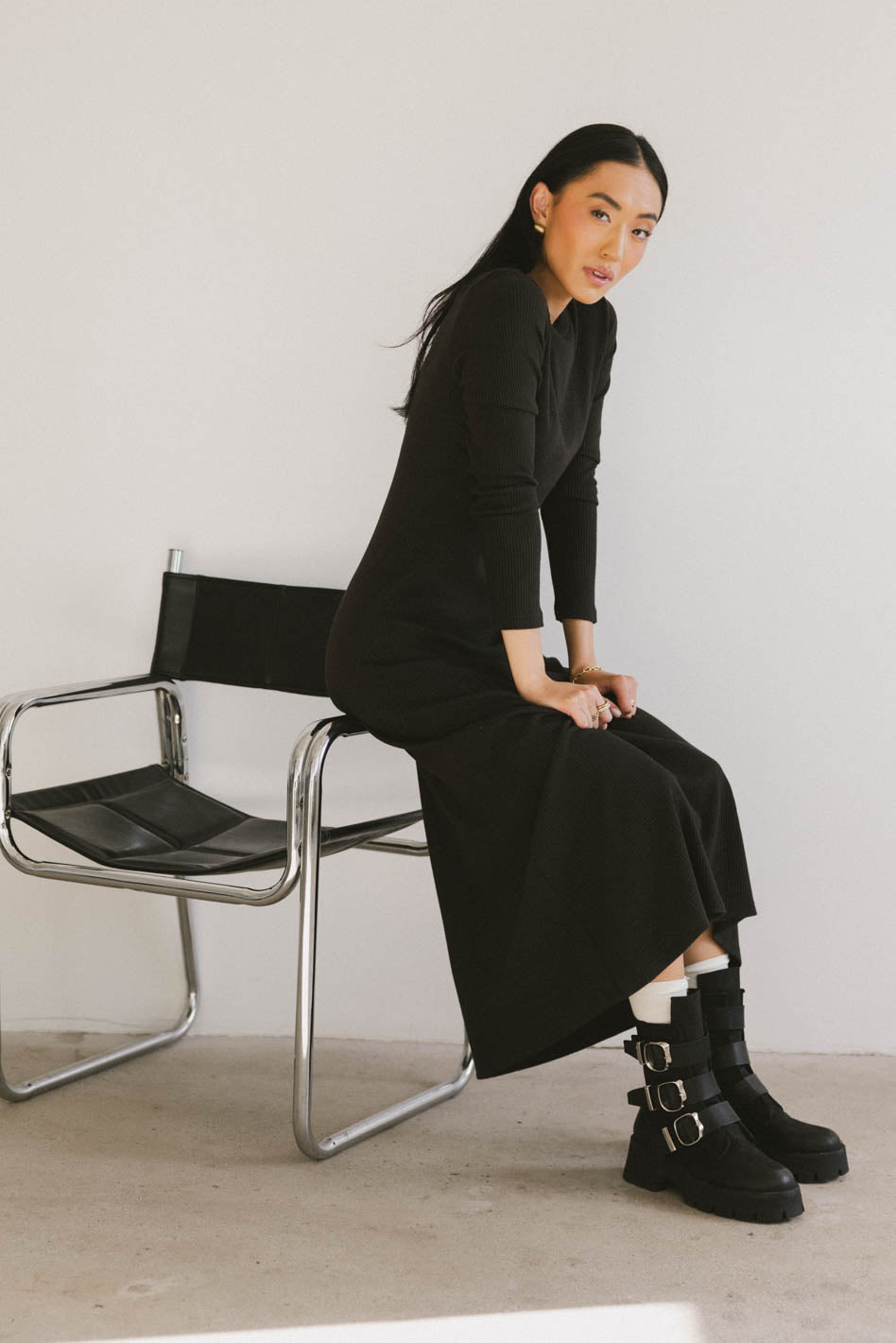 Lynette Ribbed Maxi Dress in Charcoal - Elegant Long Sleeve Bodycon Dress for Women | Perfect for Evening Parties, Date Nights & Special Occasions | FINAL SALE