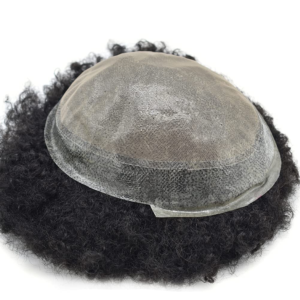 Natural Hand-Tied Human Hair Kinky Curly Afro Wig for Black Men - 10mm Wave #1 Jet Black - Durable Injected PU Hair Unit for African American Men | Perfect for Daily Wear, Cosplay & Special Events