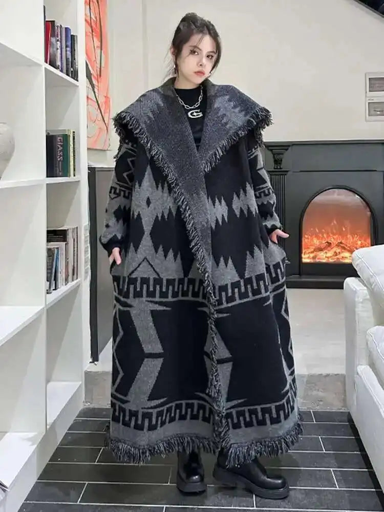 Black Oversized Knit Long Cardigan Sweater for Women - Loose Lapel Long Sleeve Chunky Knitwear - 2025 New Fashion Spring/Autumn Coat (Style 1DH2277) - Perfect for Layering, Office Wear & Casual Outfits