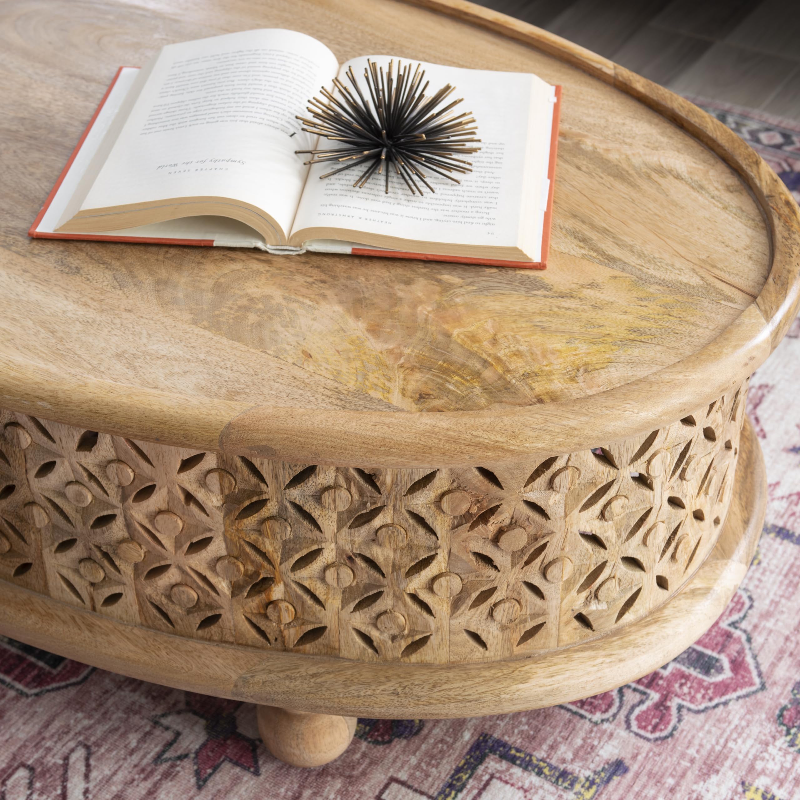 Powell Sympico Natural Stained Mango Wood Oval Coffee Table with Hand-Carved Details - Rustic Living Room Centerpiece for Home Decor (PAMZN2052)