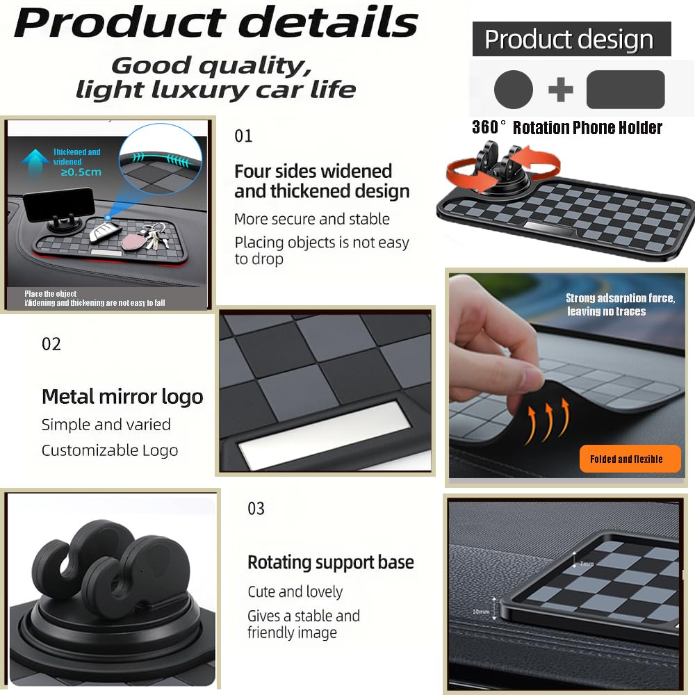 360° Rotating Anti-Slip Car Phone Holder & Dashboard Mat - Universal Smartphone Mount with Sticky Pad for iPhone, Samsung, Sunglasses, Keys - Perfect for Commuting, Road Trips & Daily Driving (Black & Gray Pattern)