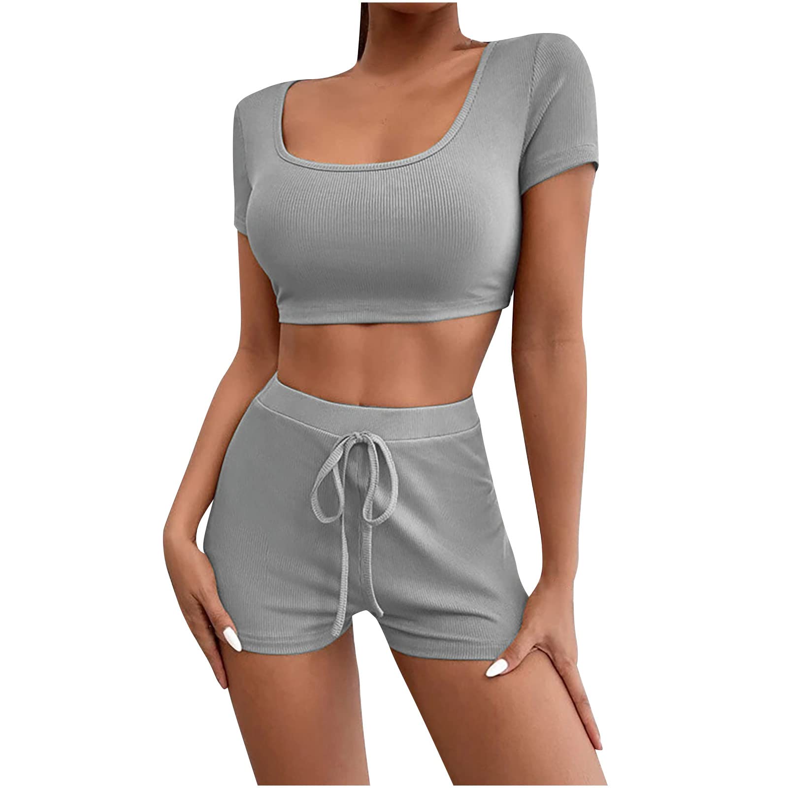2 Piece Women's Lounge Set - Soft Waffle Knit Crop Top & Ribbed Shorts, Comfortable Short Sleeve Tracksuit for Yoga, Home Wear & Casual Outfits