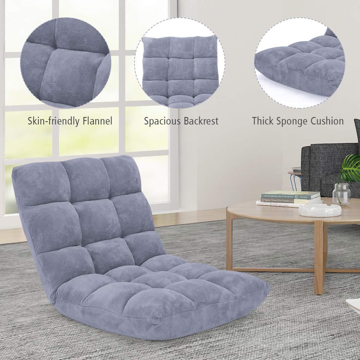 14-Position Adjustable Floor Folding Sofa Chair - Convertible Sleeper Bed & Gaming Recliner for Living Room, Bedroom - Comfortable Multi-Functional Furniture (Gray) | Perfect for Small Spaces, Movie Nights & Guest Accommodations