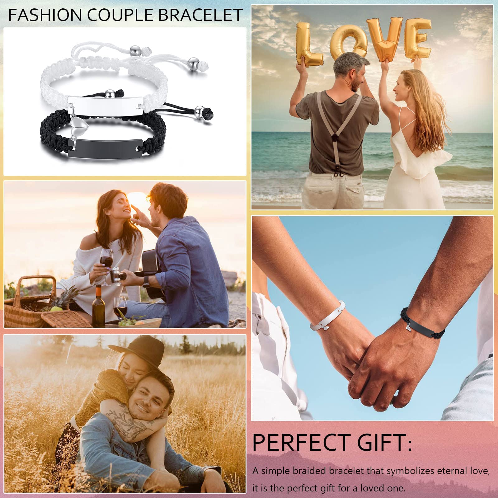 MEALGUET Personalized Couple Bracelets - Custom Engraved Handmade Braided Rope Wristbands for Men & Women - Adjustable Friendship Bracelet - Unique Gift for Couples, Husband, Boyfriend - Perfect for Anniversaries, Valentine's Day & Romantic Dates