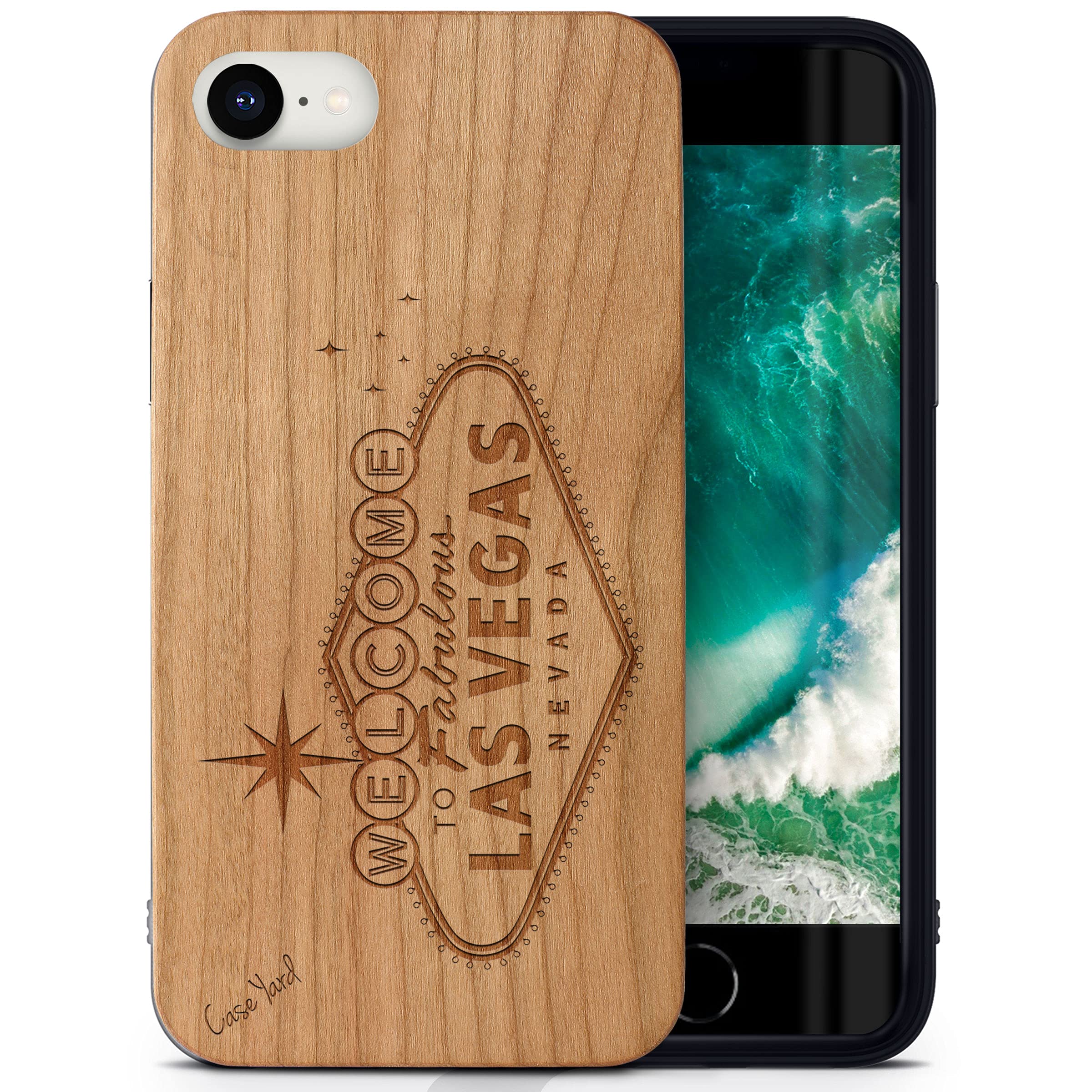 CaseYard Laser Engraved Cherry Wood Phone Case for iPhone SE - Fabulous Vegas Design | Slim Fit Shockproof Protective Cover for Men & Women | Perfect for Travel, Work & Everyday Use