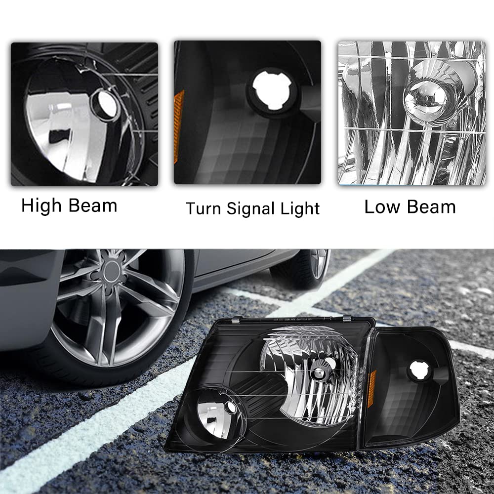 BRYGHT Headlight Assembly Replacement for 2002-2005 Ford Explorer with Corner Lights - 4pc Set (Driver & Passenger Side, Black Housing, Amber Reflector) - Perfect for Night Driving & Off-Road Adventures