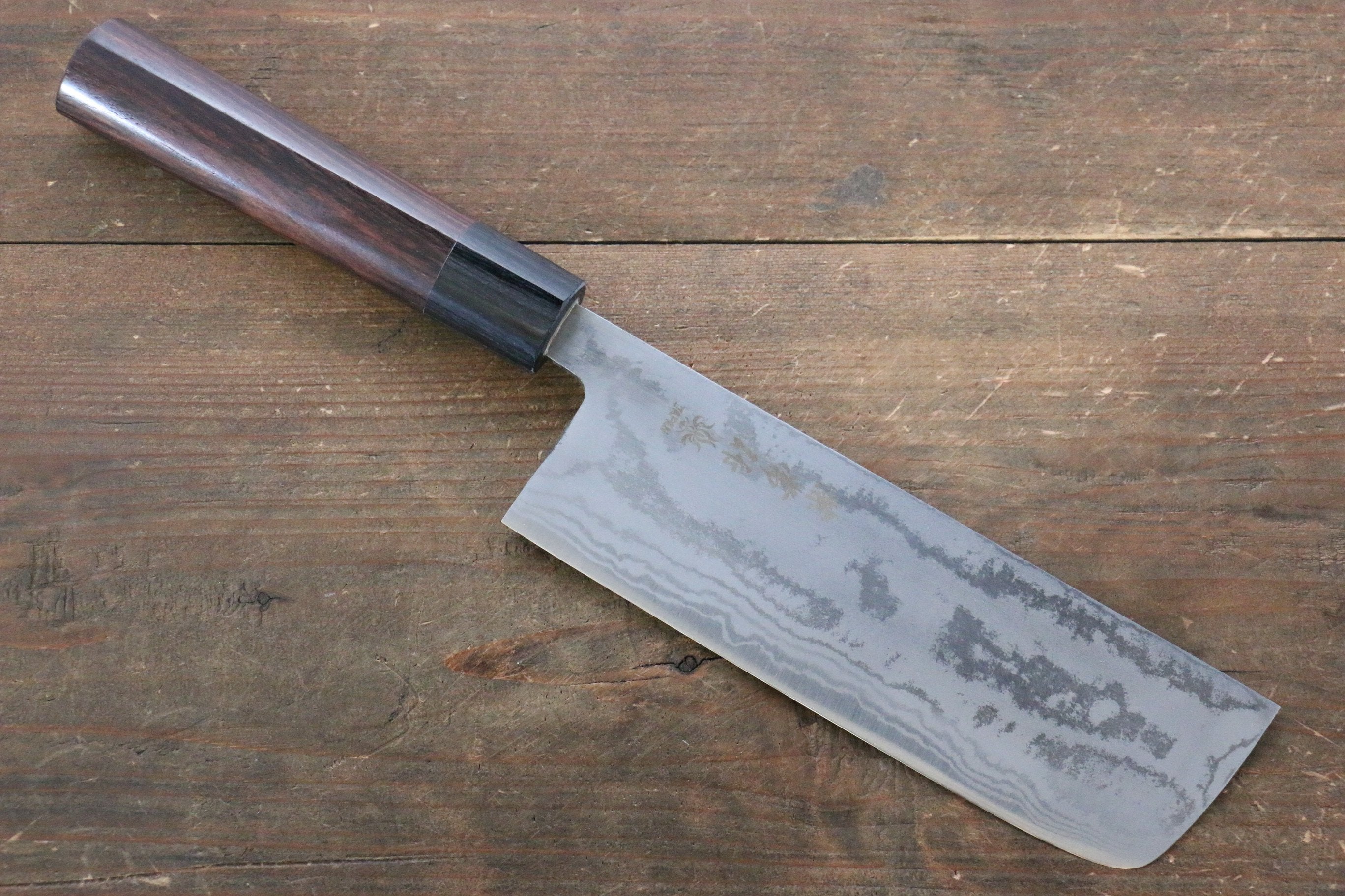 Kanetsune Blue Steel No.2 Damascus Nakiri Knife 165mm - Premium Japanese Kitchen Knife with Shitan Handle for Professional Chefs & Home Cooking - Perfect for Slicing, Dicing Vegetables & Herbs