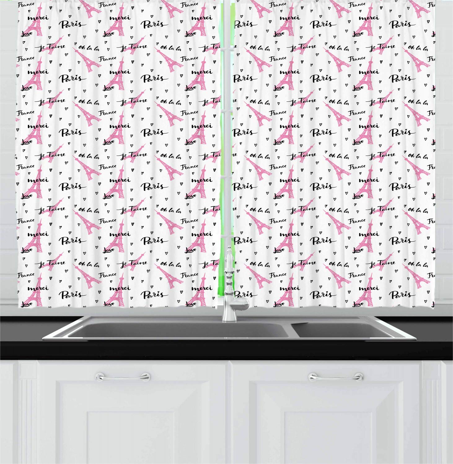 Ambesonne Paris Kitchen Curtains - Eiffel Tower Design with French Words 'Je Taime' & Romantic Hearts, 2-Panel Window Drapes for Kitchen & Cafe Decor, 55