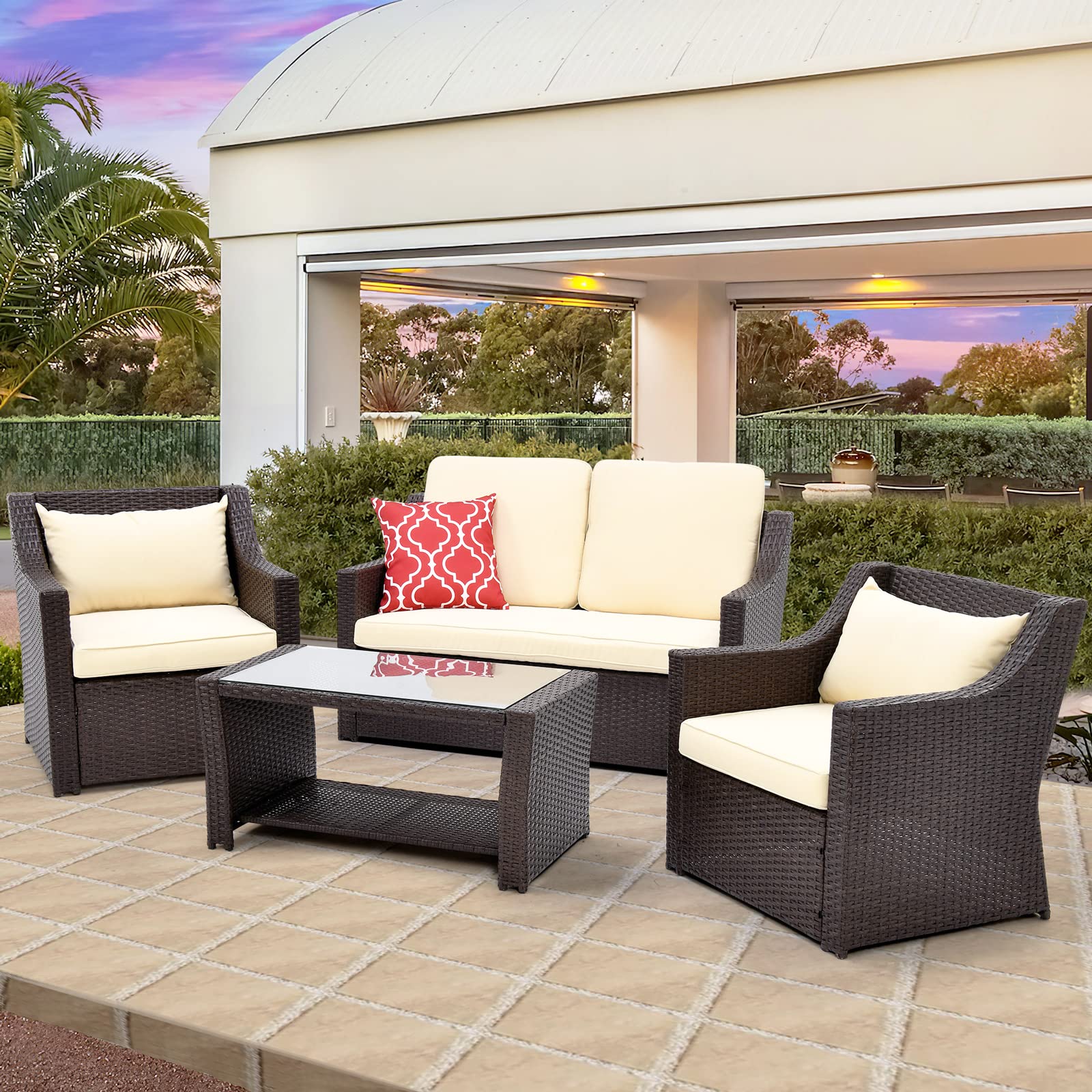 YITAHOME 4-Piece Outdoor Patio Furniture Set - Rattan Wicker Loveseat Sofa & Table - Garden Conversation Set for Yard, Pool, Backyard & Patio - Perfect for Relaxing, Entertaining & Outdoor Dining