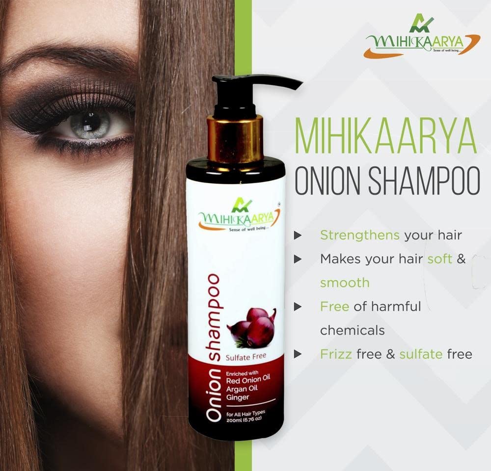 Mihikaarya Red Onion Shampoo with Argan Oil & Ginger Extract for Hair Growth - 200ml | Sulfate-Free & Nourishing Formula for Thinning Hair, Hair Loss & Scalp Care | Perfect for Daily Use & Damaged Hair Repair