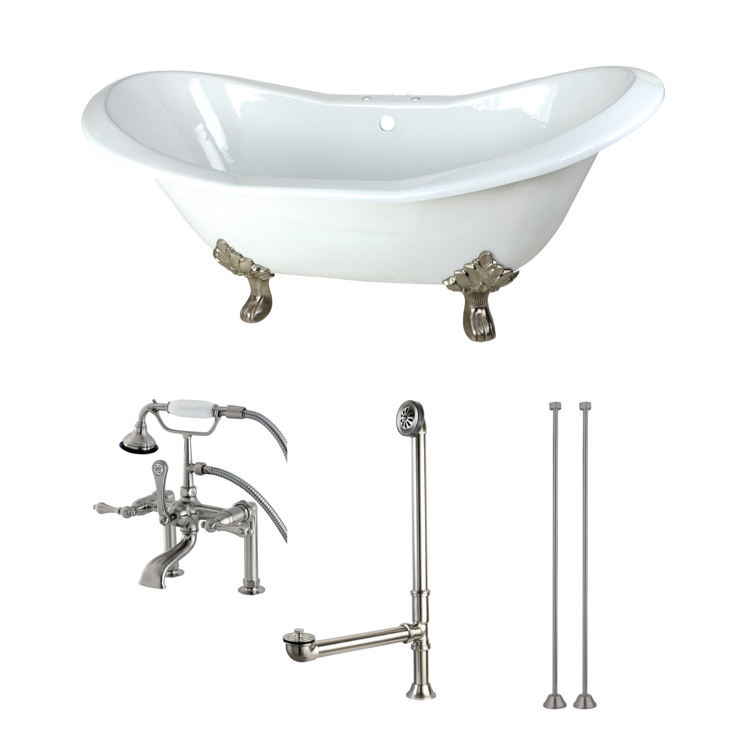 72 Inch White Cast Iron Oval Double Slipper Clawfoot Bathtub with Brushed Nickel Faucet, Drain & Supply Lines - Vintage Freestanding Soaking Tub for Luxury Bathroom & Spa Retreat